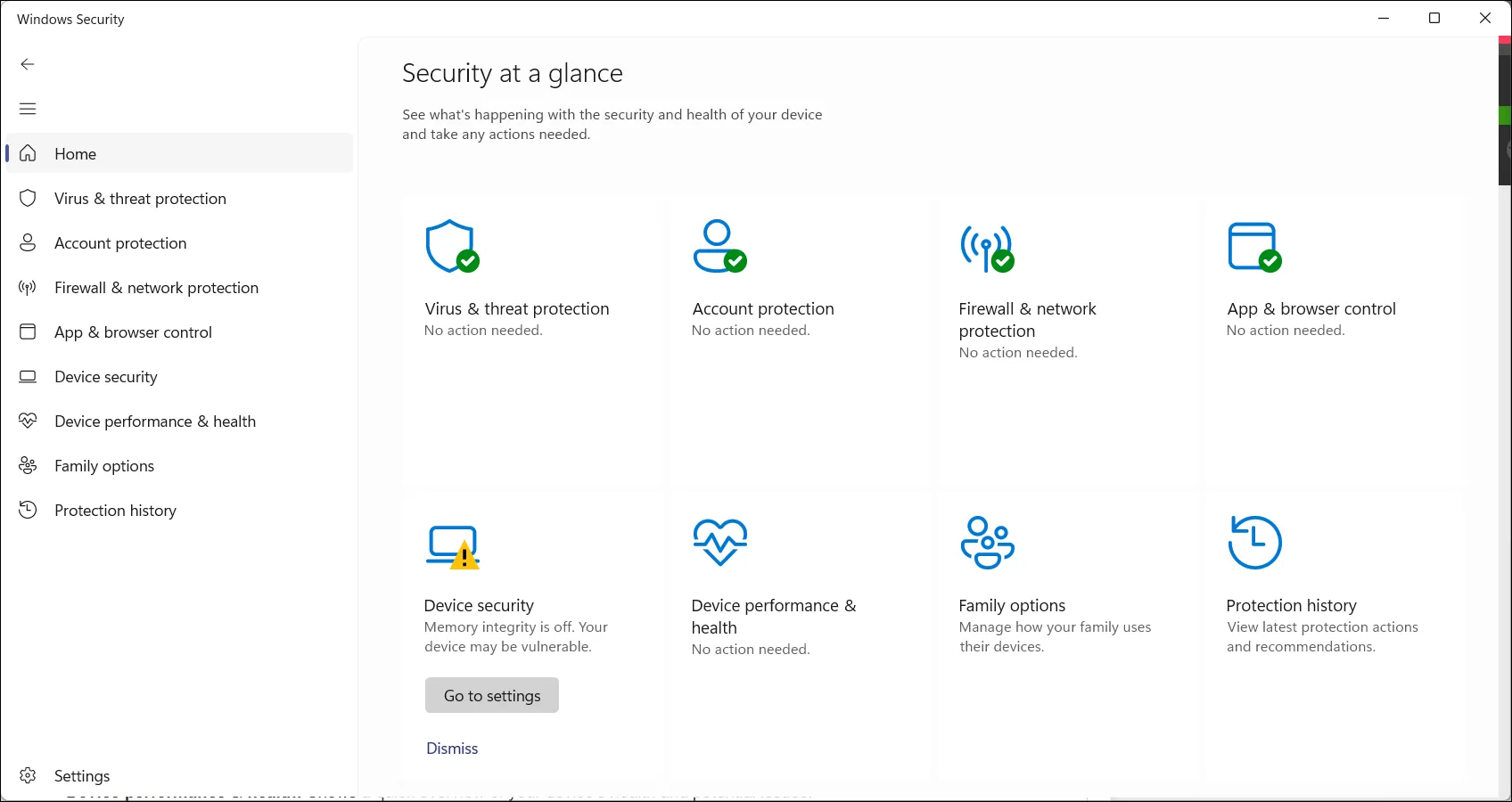 Giao diện tổng quan bảo mật của Windows Security trên Windows 11