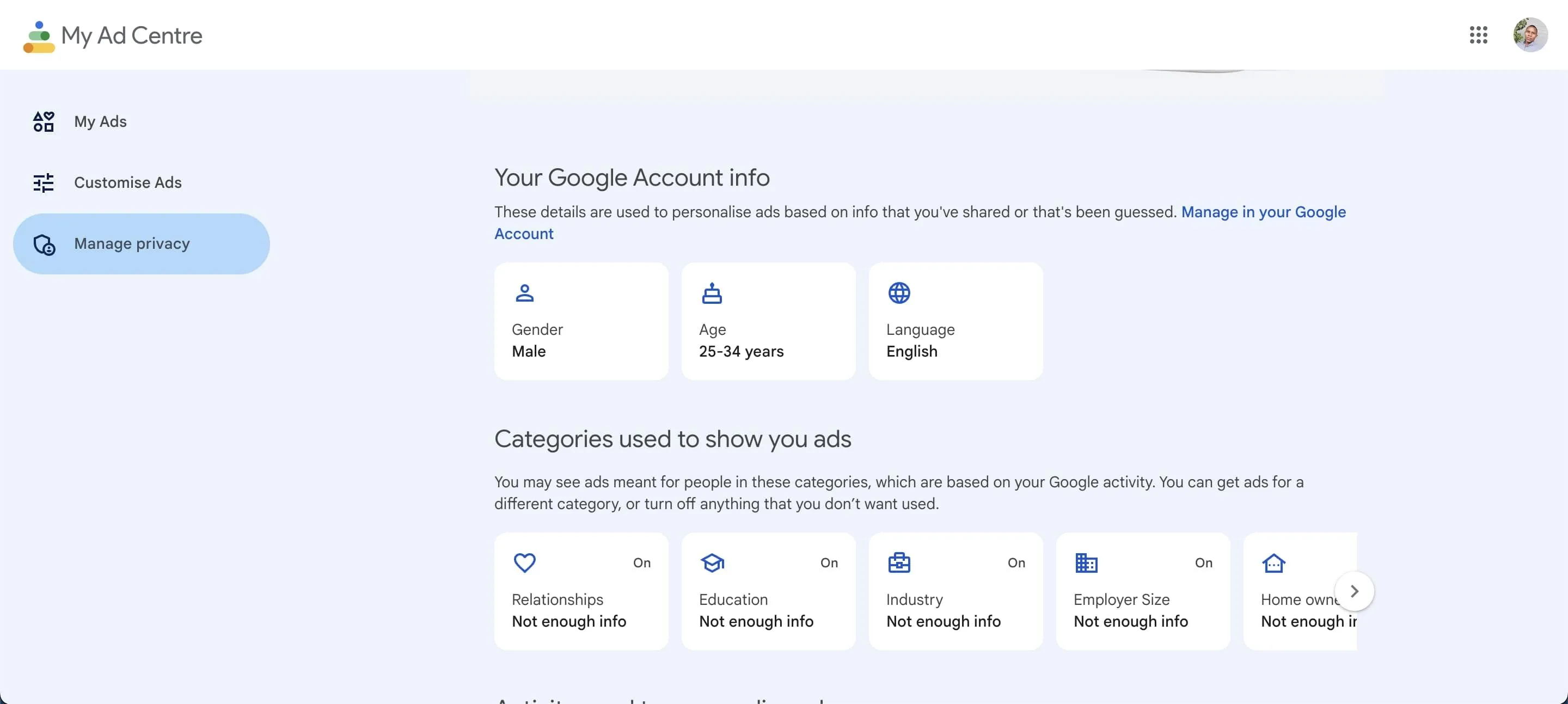 Giao diện trang cài đặt quảng cáo của Google hiển thị hồ sơ cá nhân