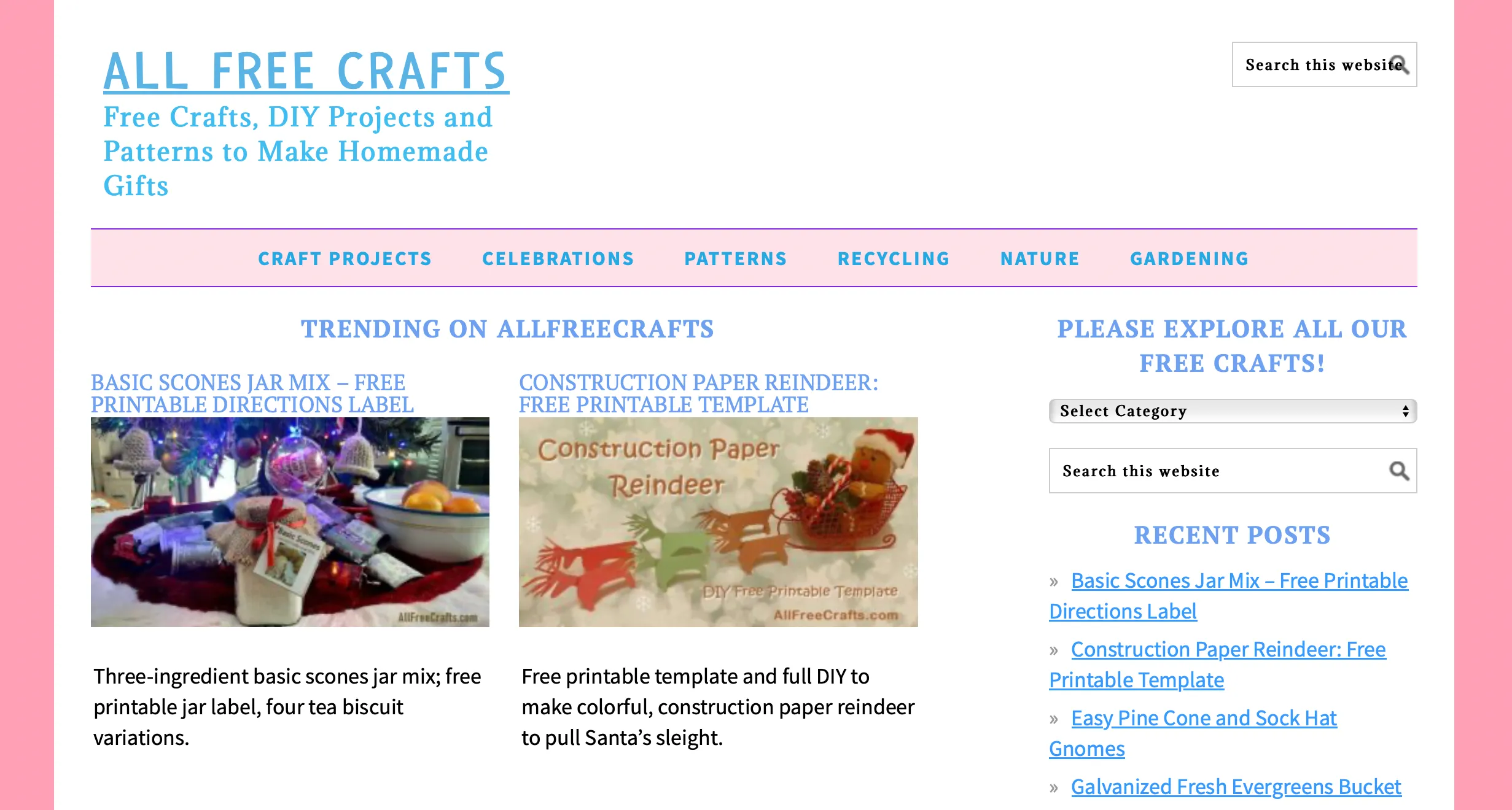 Giao diện trang chủ All Free Crafts với ý tưởng thủ công từ đồ tái chế và giấy