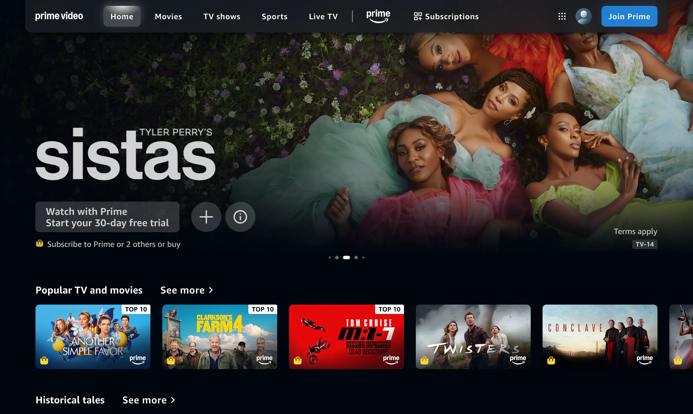 Giao diện trang chủ Amazon Prime Video với kho phim và series phong phú, bao gồm các tác phẩm độc quyền.