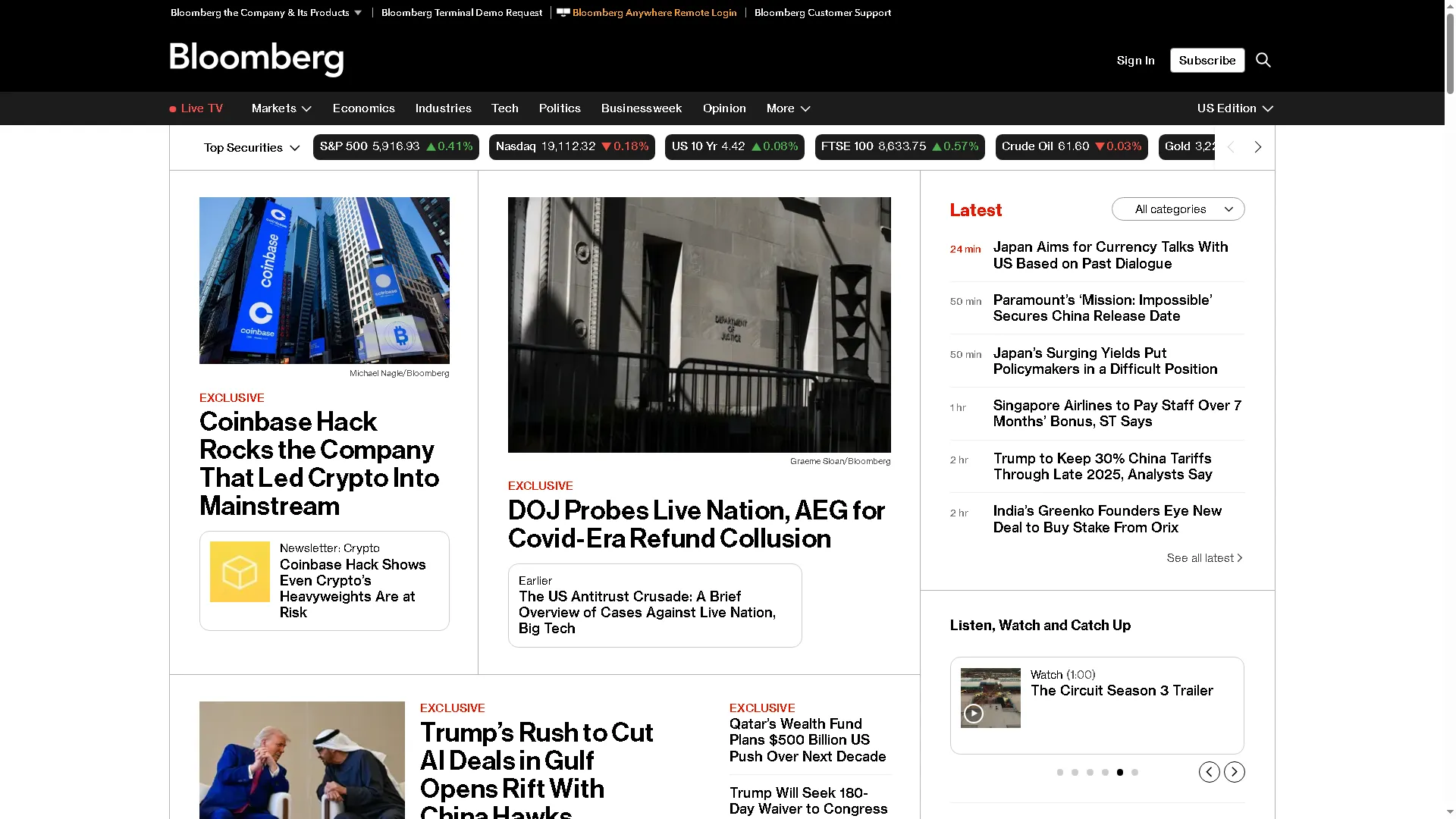 Giao diện trang chủ của Bloomberg, tập đoàn truyền thông tài chính trực tuyến từ năm 1993