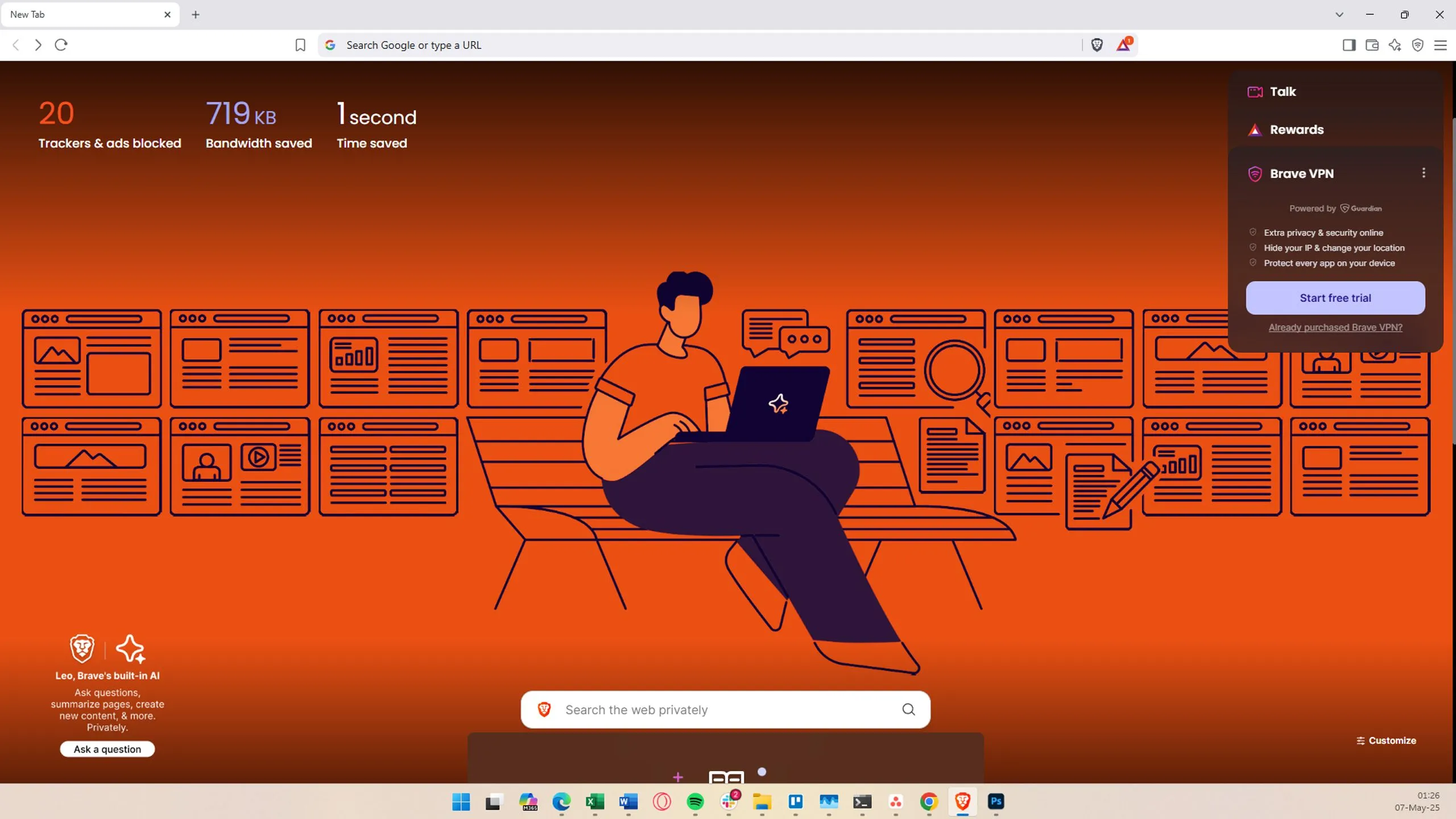 Giao diện trang chủ của trình duyệt Brave Browser, nổi bật với khả năng chặn quảng cáo và bảo mật quyền riêng tư