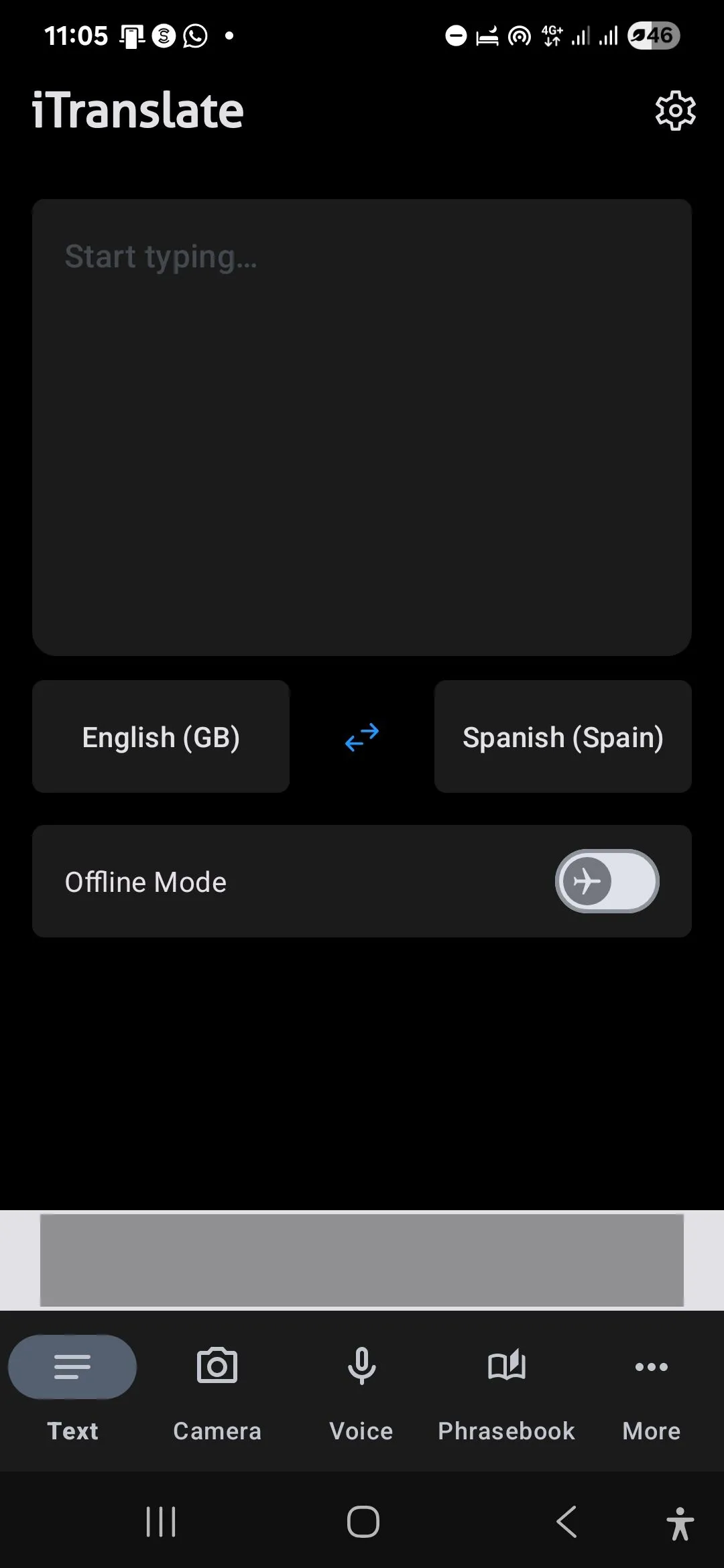 Giao diện trang chủ iTranslate hiển thị tùy chọn 'Chế độ ngoại tuyến' (Offline Mode) để dịch thuật không cần internet