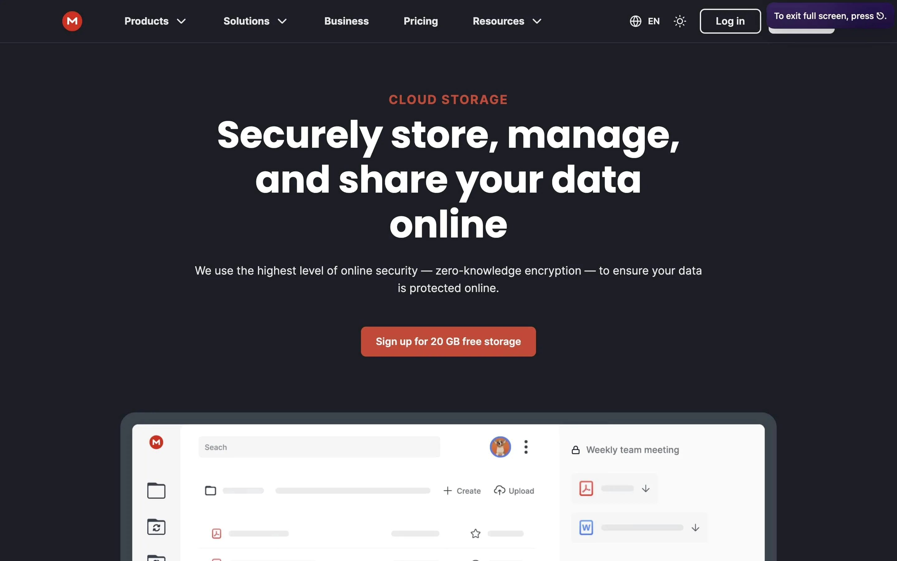 Giao diện trang chủ Mega Cloud Storage giới thiệu các tính năng chính và lời chào mừng người dùng