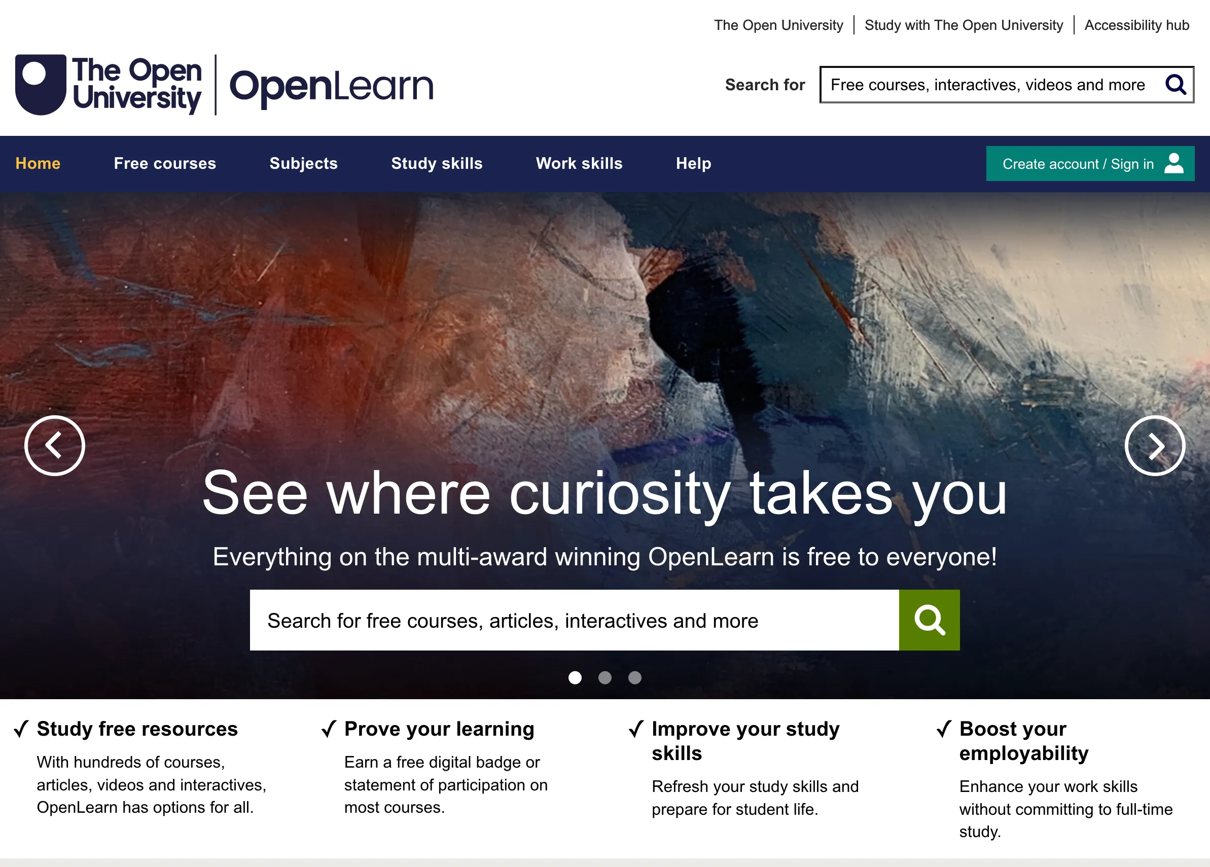 Giao diện trang chủ OpenLearn với các khóa học miễn phí từ Đại học Mở