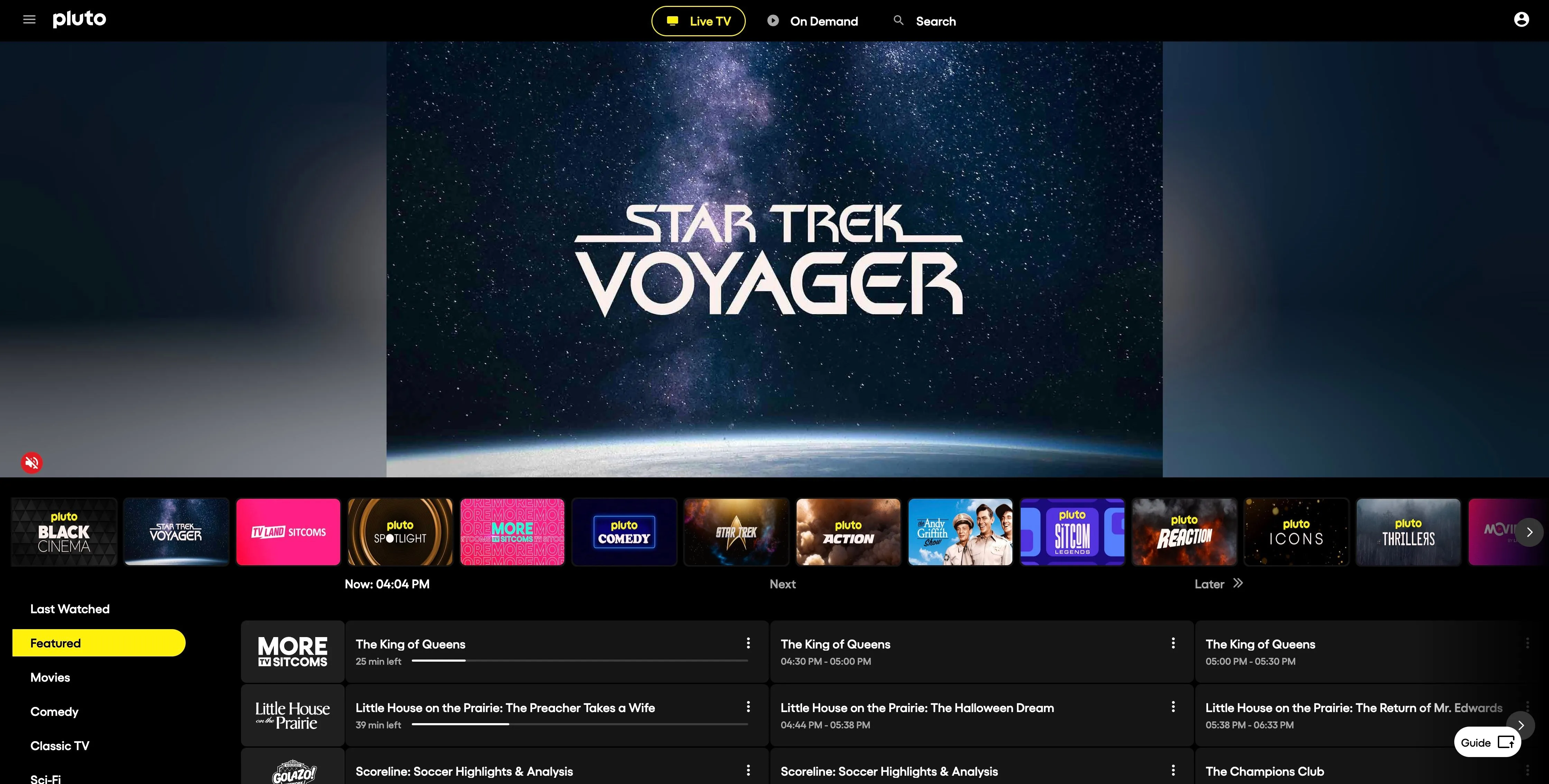 Giao diện trang chủ Pluto TV với quảng cáo phim Star Trek, minh họa dịch vụ truyền hình trực tuyến miễn phí