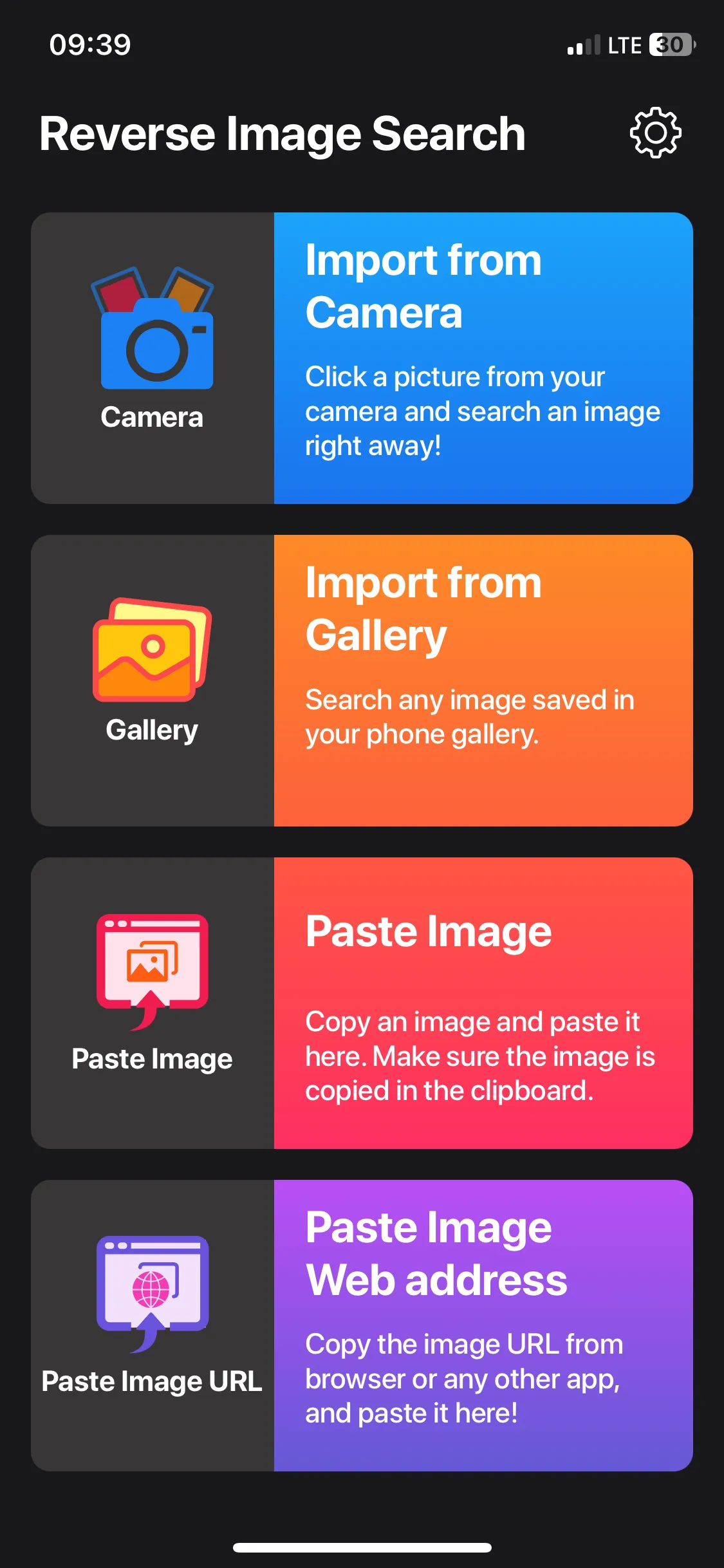 Giao diện trang chủ ứng dụng Image Recognition and Searcher trên iPhone, tập trung vào tìm kiếm hình ảnh ngược