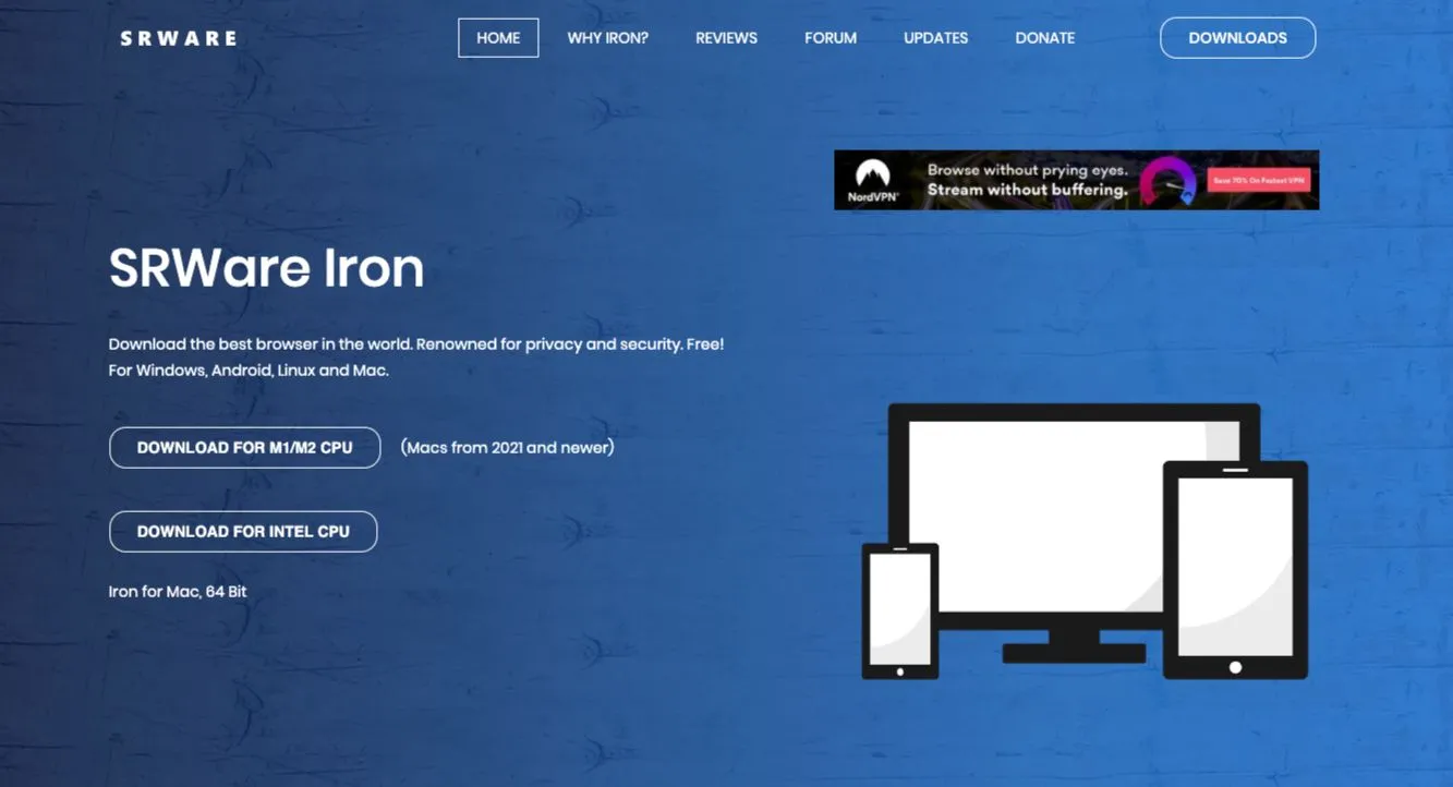 Giao diện trang chủ website của SRWare Iron