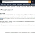 Giao diện trang đóng tài khoản Amazon, minh họa việc vô hiệu hóa tài khoản hoặc bí danh email trong trường hợp rò rỉ dữ liệu.