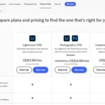 Giao diện trang web Adobe hiển thị thông tin gói Photography Plan với các ứng dụng Photoshop và Lightroom.