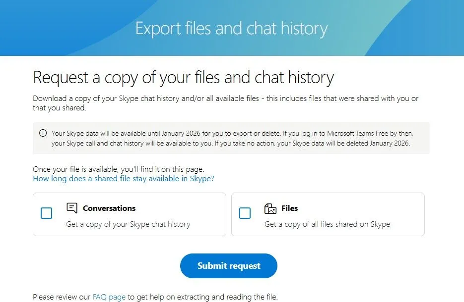 Giao diện trang web hỗ trợ xuất dữ liệu và lịch sử chat Skype