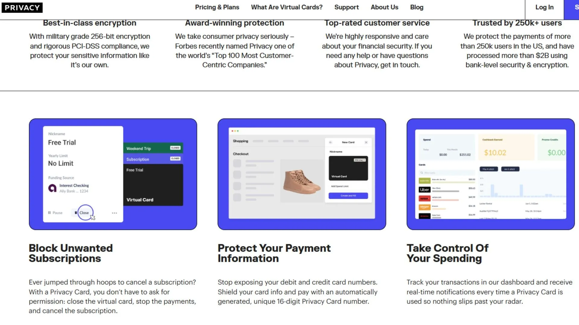Giao diện trang web Privacy.com với các thông tin nổi bật về lợi ích của thẻ ảo dùng một lần trong thanh toán trực tuyến.