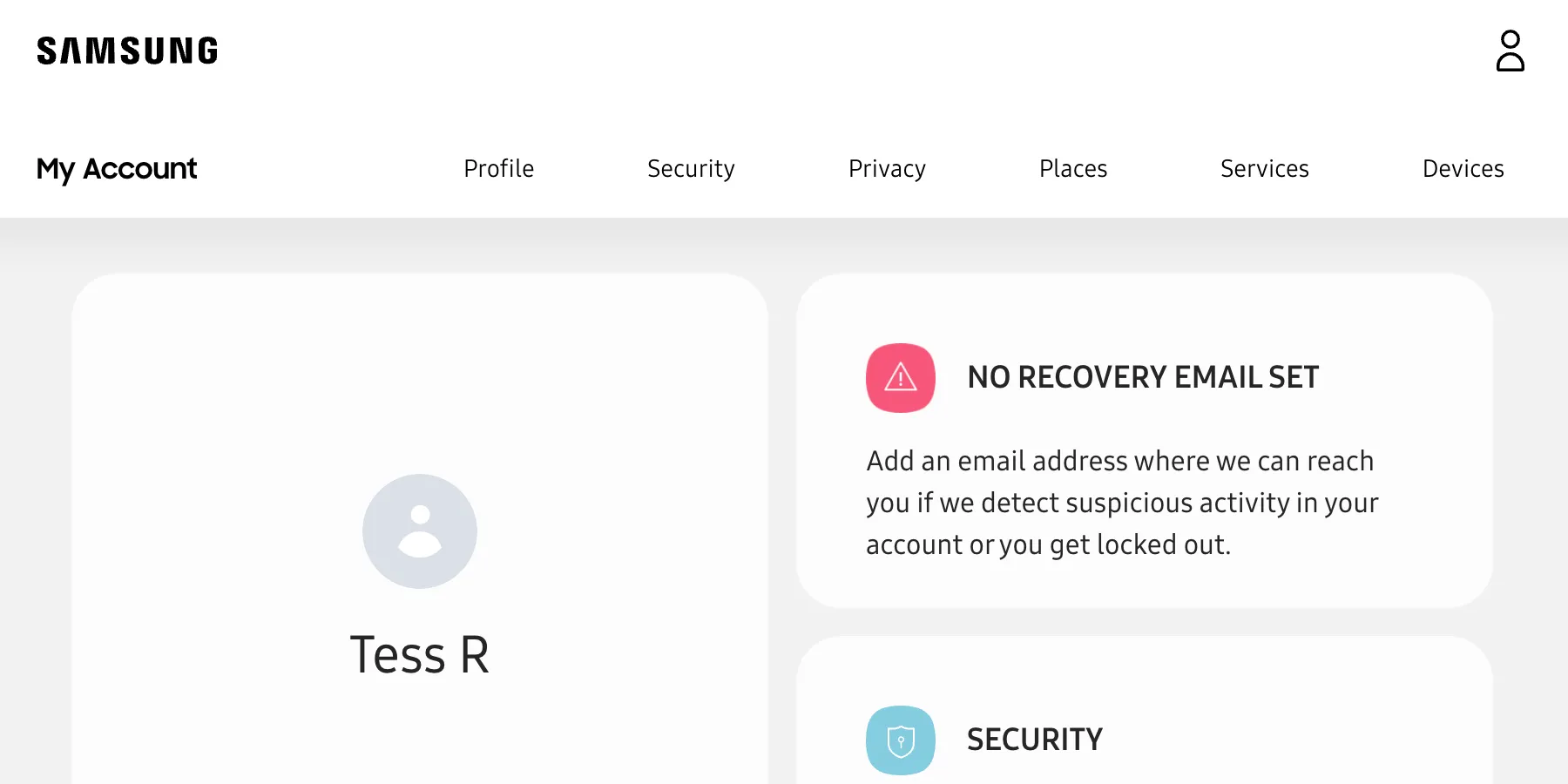 Giao diện trang web tài khoản Samsung sau khi đăng nhập