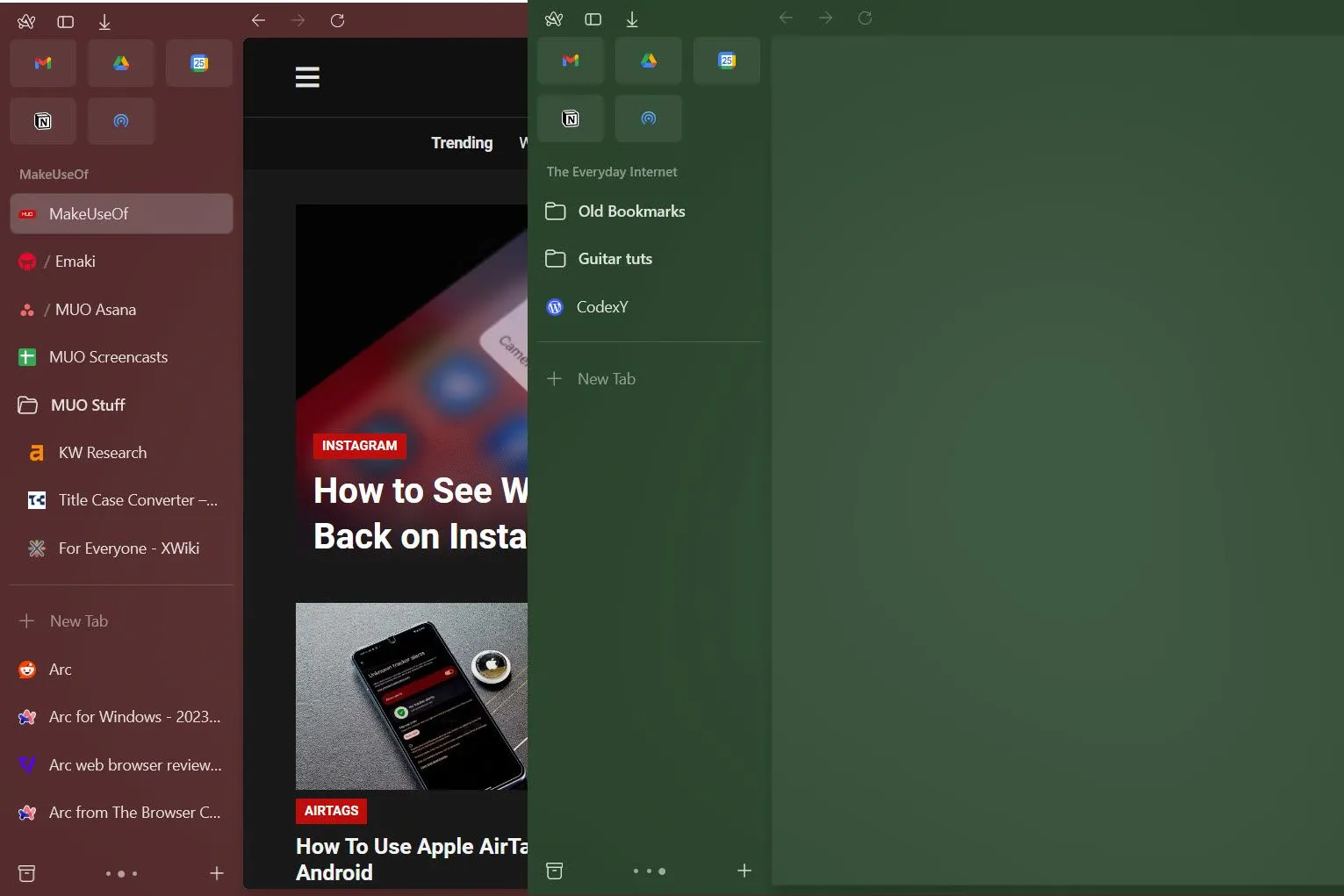 Giao diện trình duyệt Arc với tính năng Spaces trên Windows, cho thấy cách quản lý tab dọc và không gian làm việc.