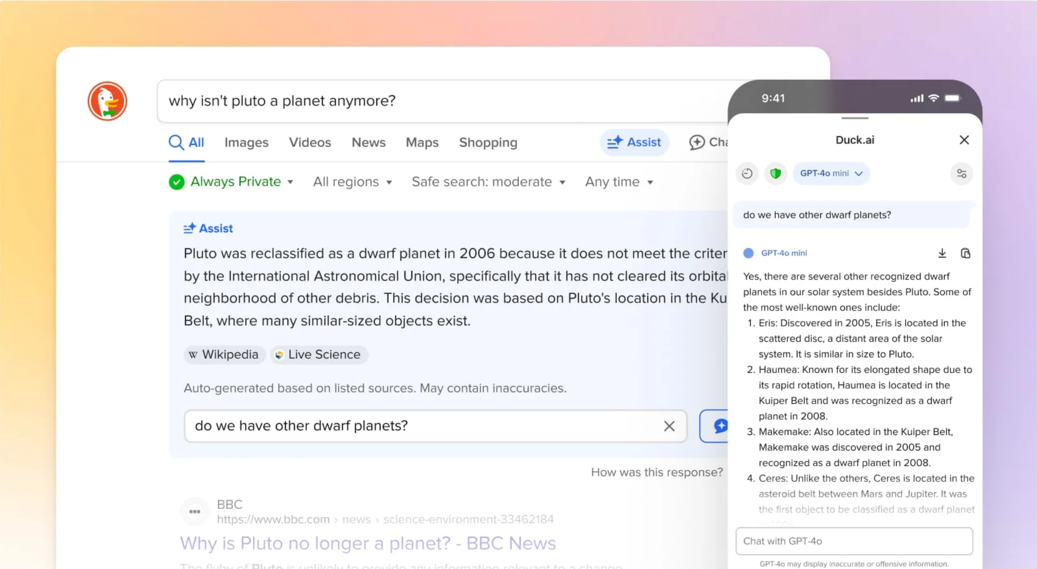 Giao diện trình duyệt DuckDuckGo trên máy tính và điện thoại hiển thị các tính năng AI mới như tóm tắt và chatbot