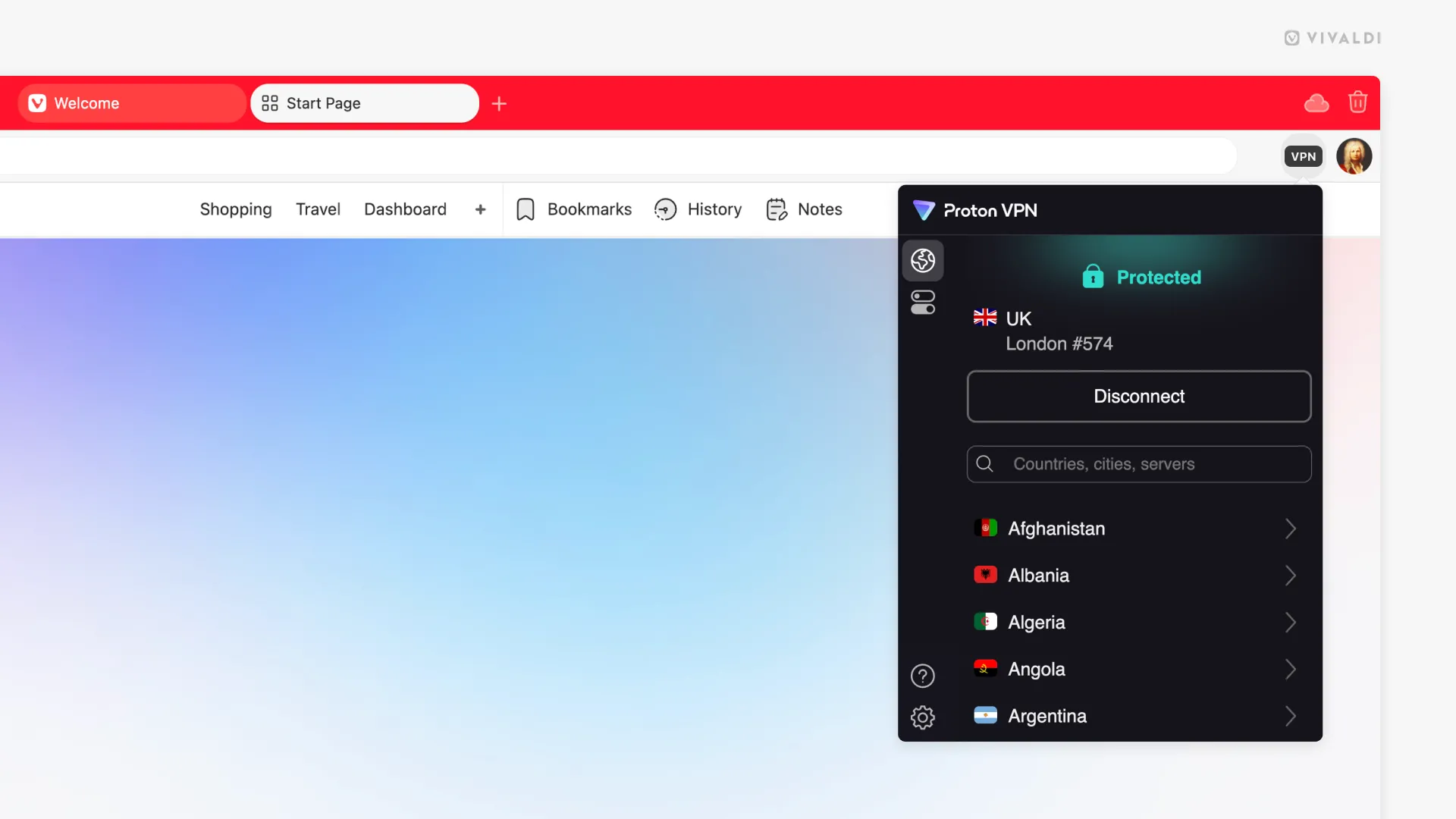 Giao diện trình duyệt Vivaldi với nút VPN của Proton VPN trên thanh công cụ.