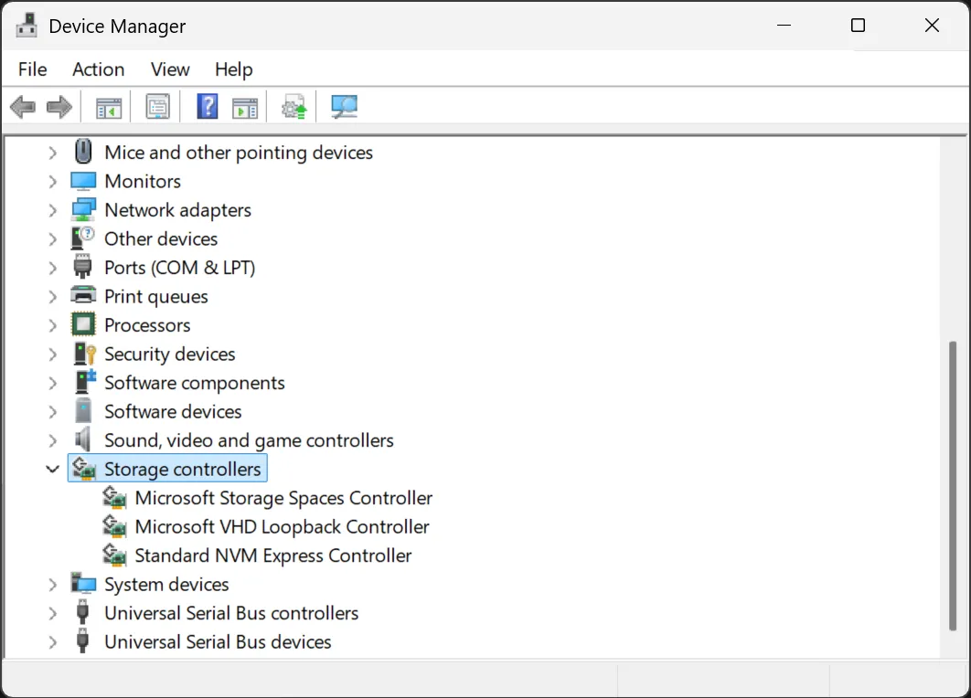 Giao diện Trình quản lý thiết bị Windows hiển thị mục Bộ điều khiển lưu trữ (Storage controllers) được đánh dấu, nơi người dùng có thể kiểm tra và cập nhật driver cho NVMe SSD.