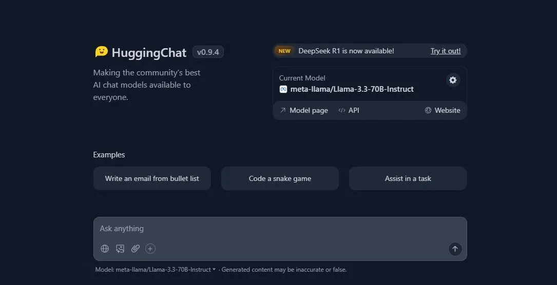 Giao diện trò chuyện của HuggingChat, một ứng dụng AI bên thứ ba