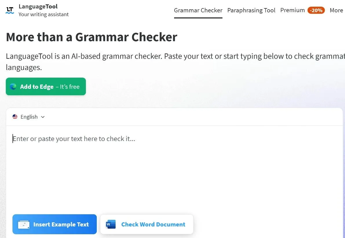 Giao diện trực tuyến của LanguageTool hiển thị tính năng kiểm tra ngữ pháp và gợi ý sửa lỗi