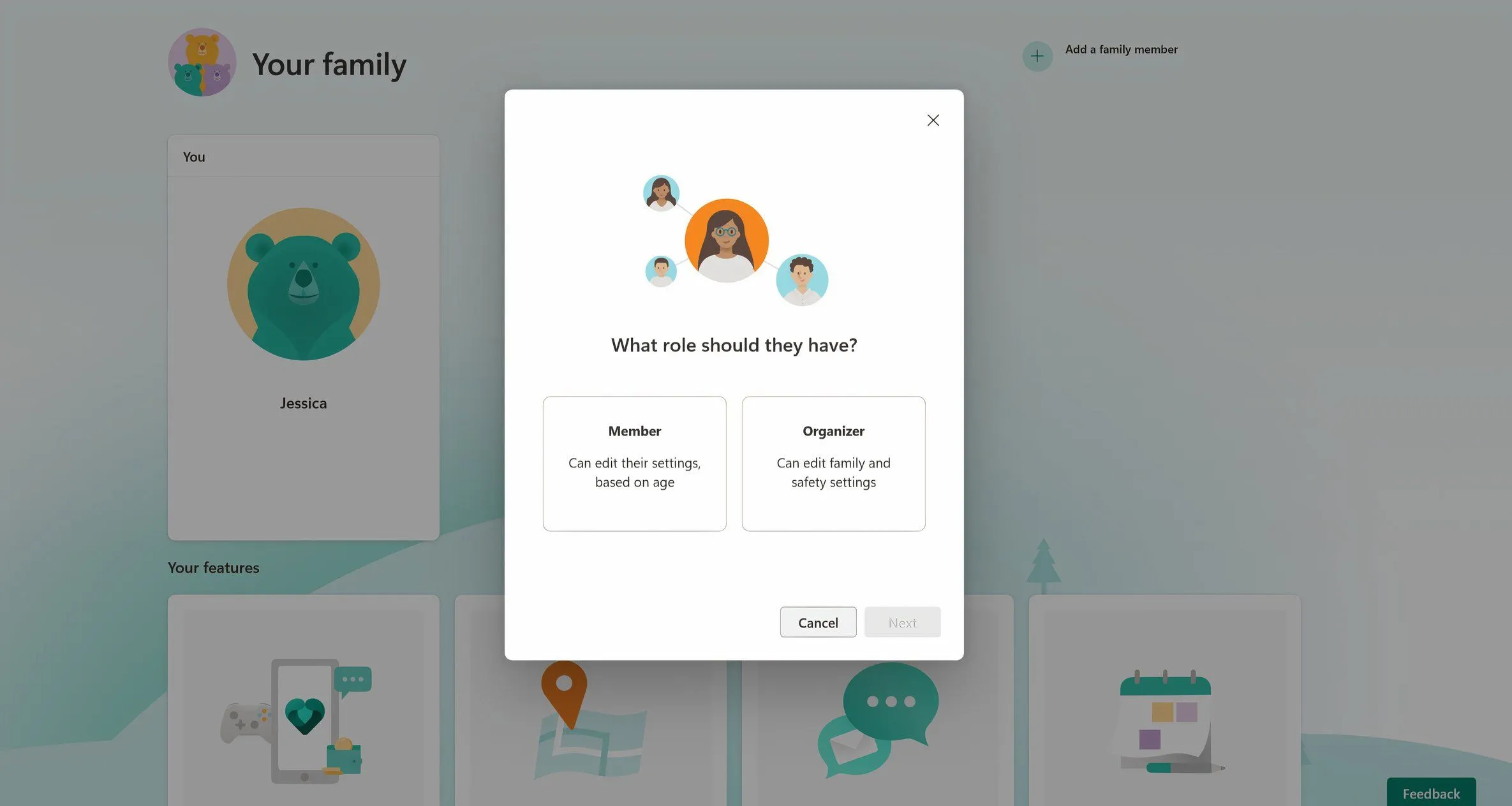 Giao diện trung tâm Microsoft Family Safety hiển thị cửa sổ "Thêm thành viên gia đình" để quản lý tài khoản của trẻ.