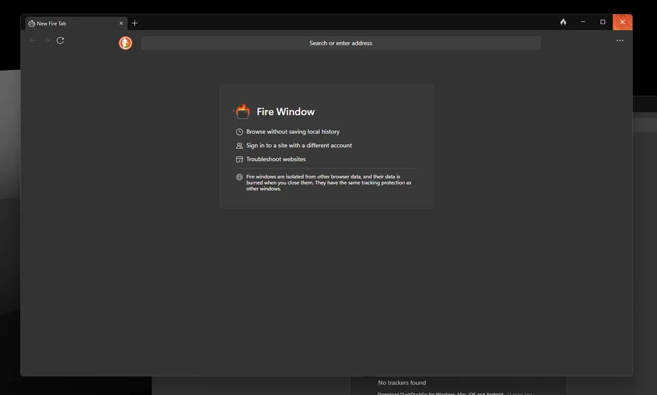 Giao diện tùy chọn &quot;Fire Window&quot; và nút xóa dữ liệu nhanh của DuckDuckGo Browser