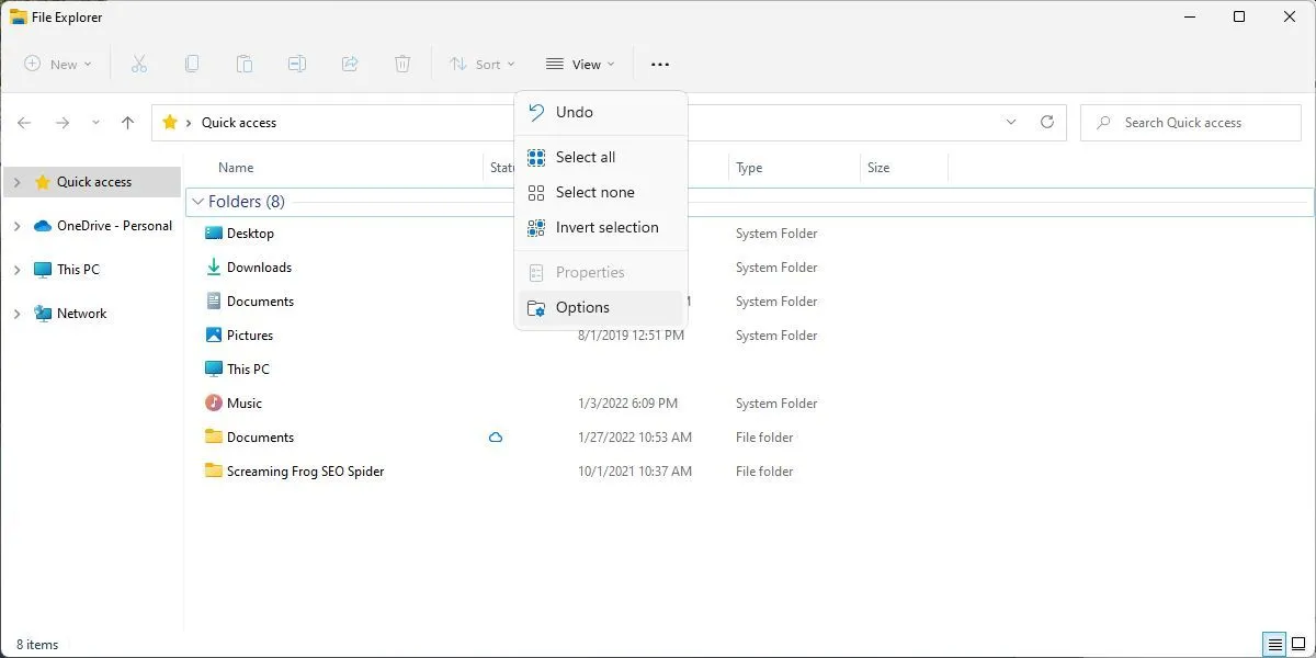 Giao diện tùy chọn &quot;Xem thêm&quot; trong File Explorer của Windows 11 để mở cài đặt nâng cao.