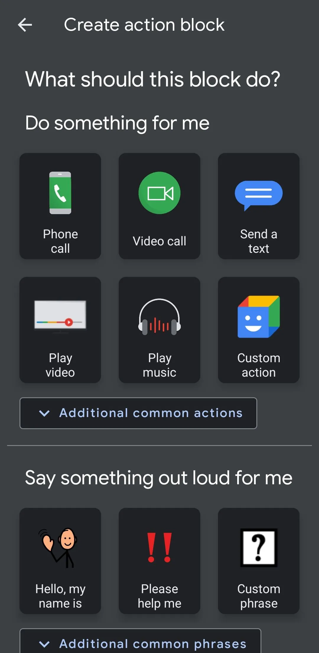 Giao diện ứng dụng Action Blocks của Google trên Android để tạo các phím tắt trợ lý
