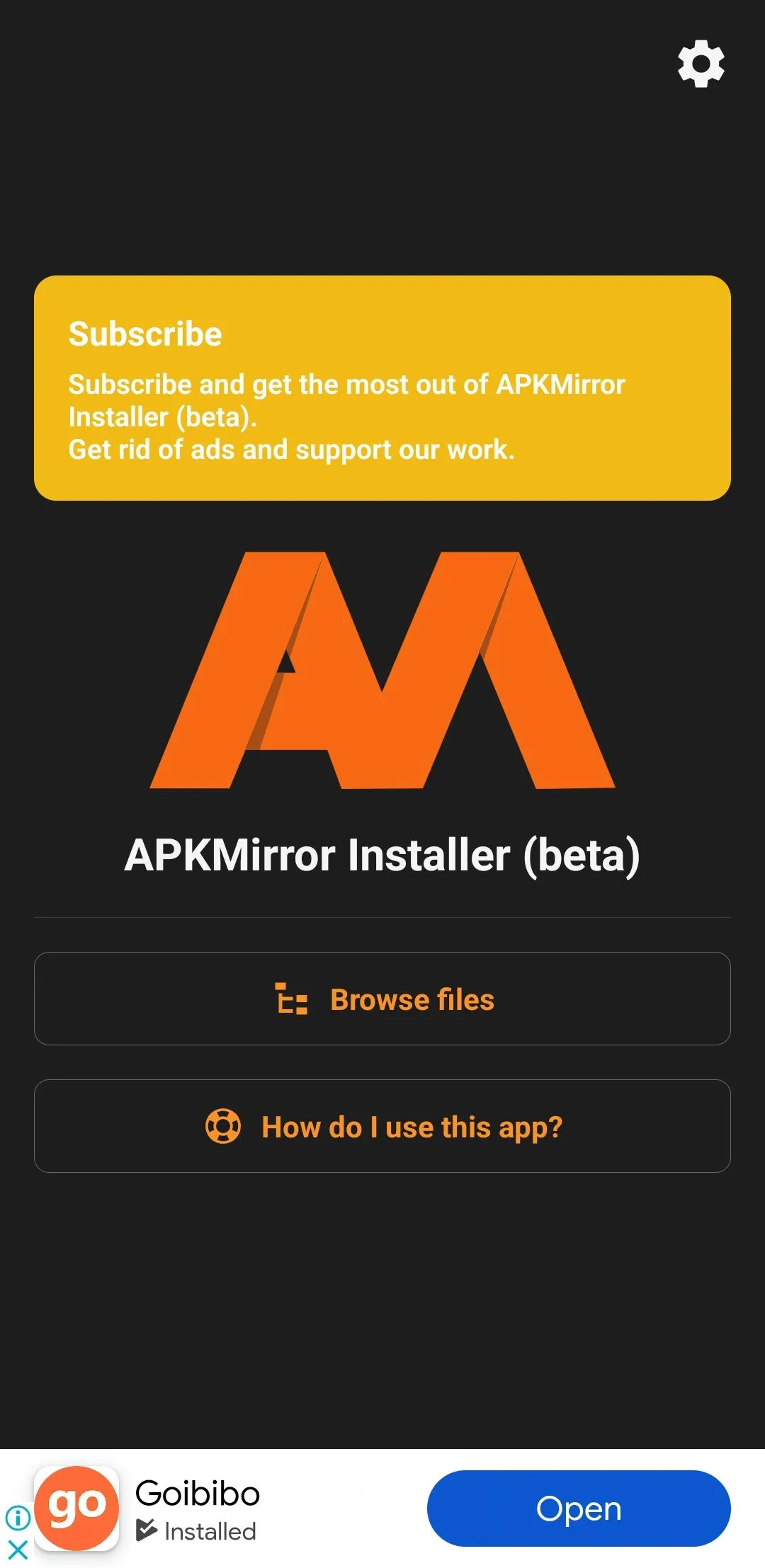 Giao diện ứng dụng APKMirror Installer trên điện thoại Android, hỗ trợ cài đặt tệp APK và APK mở rộng.