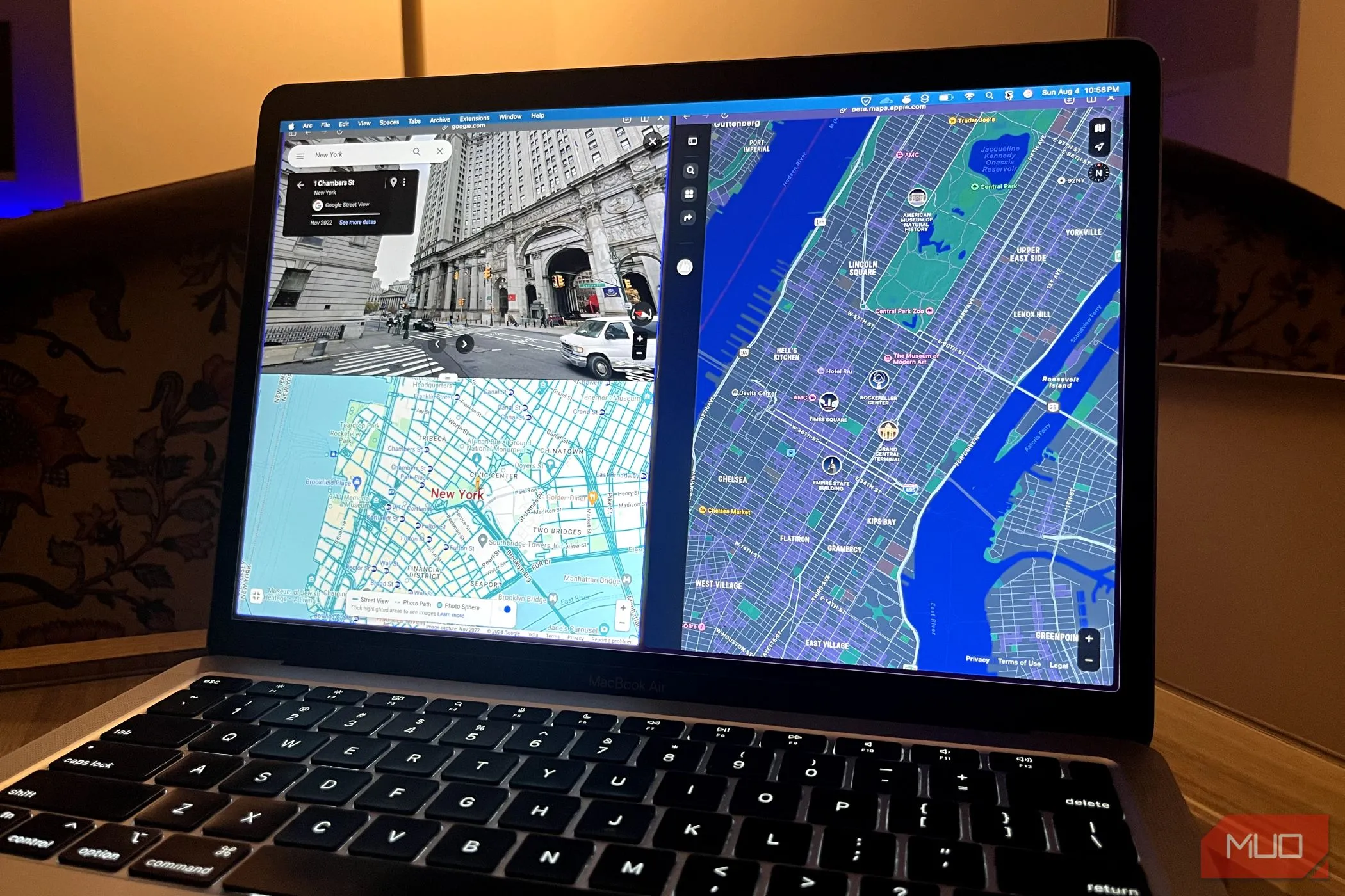 Giao diện ứng dụng Apple Maps và Google Maps hiển thị trên MacBook Air.