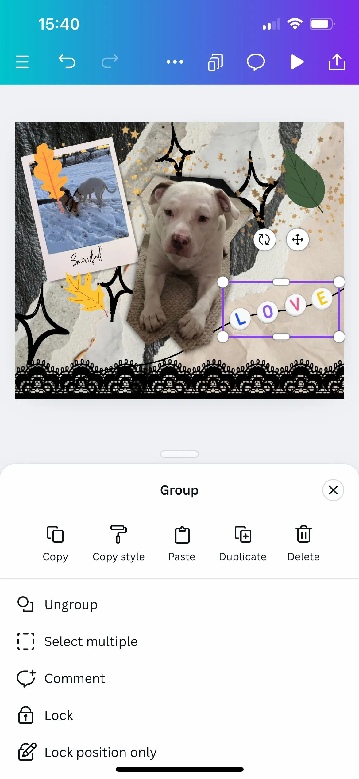 Giao diện ứng dụng Canva khi bỏ nhóm các thành phần đã được gộp