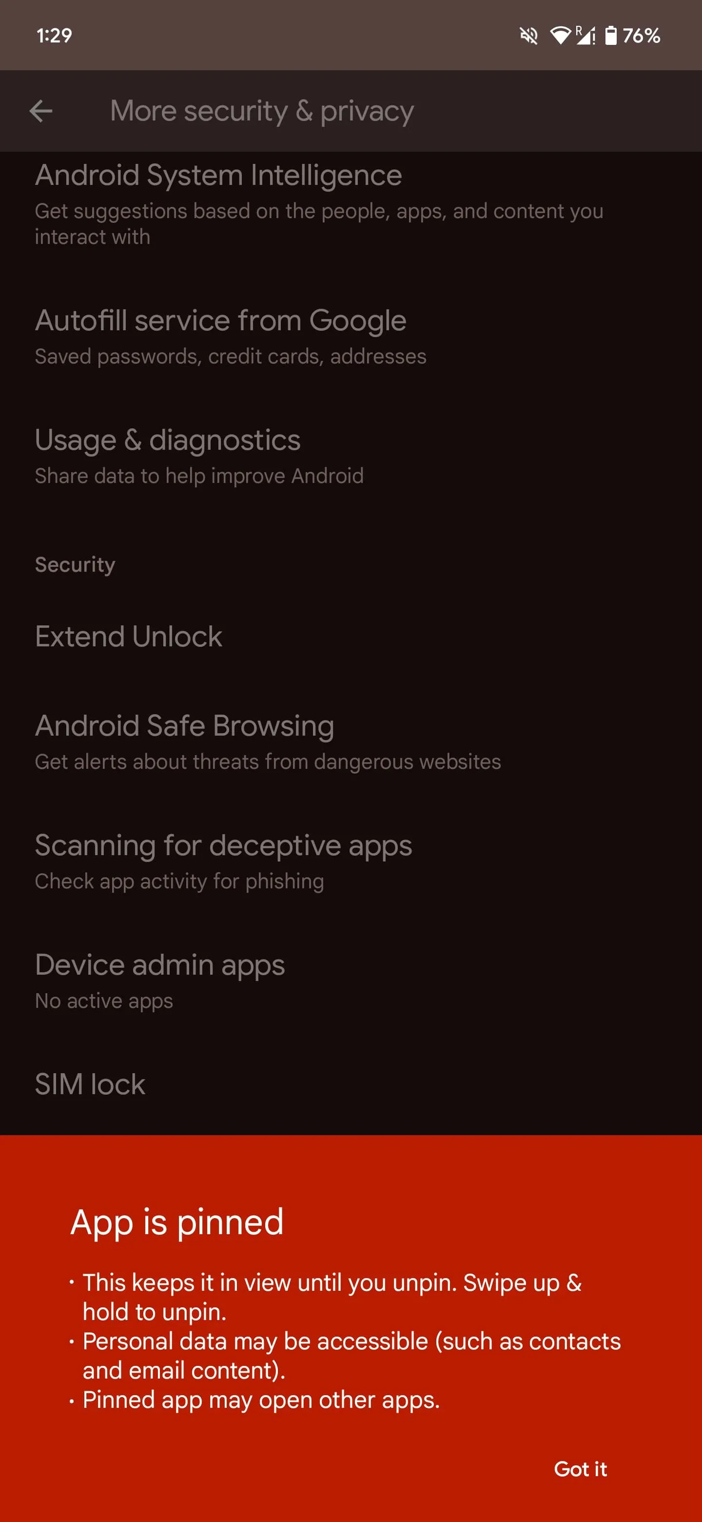 Giao diện ứng dụng được ghim trên Android, đảm bảo chỉ ứng dụng đó hiển thị và khóa các thao tác khác.
