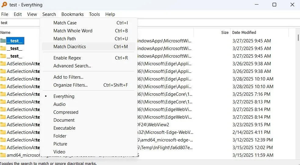 Giao diện ứng dụng Everything hiển thị kết quả tìm kiếm file tức thì