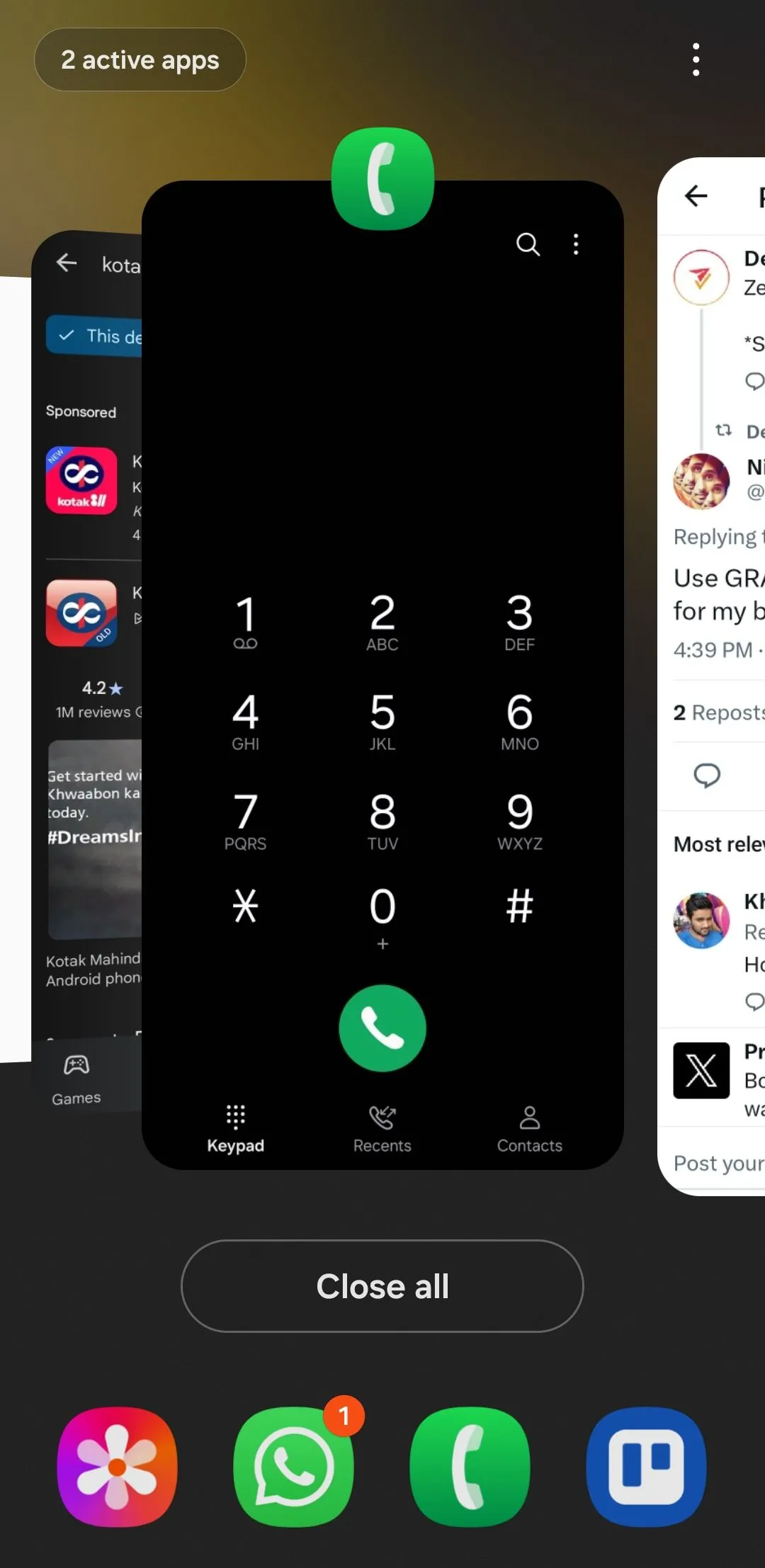 Giao diện ứng dụng gần đây trên điện thoại Android, minh họa cách chọn ứng dụng để ghim màn hình.
