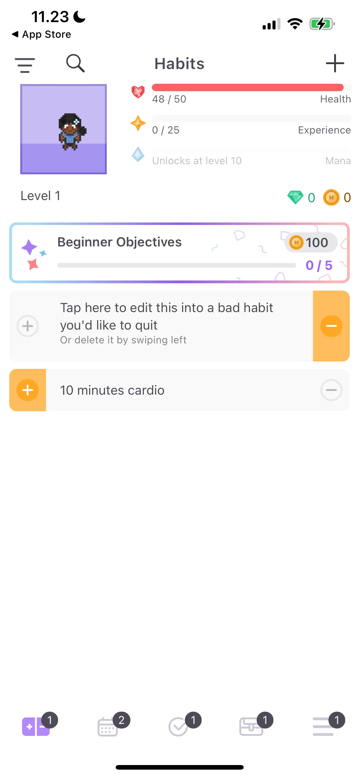 Giao diện ứng dụng Habitica với các nhiệm vụ được gam hóa và hệ thống phần thưởng.