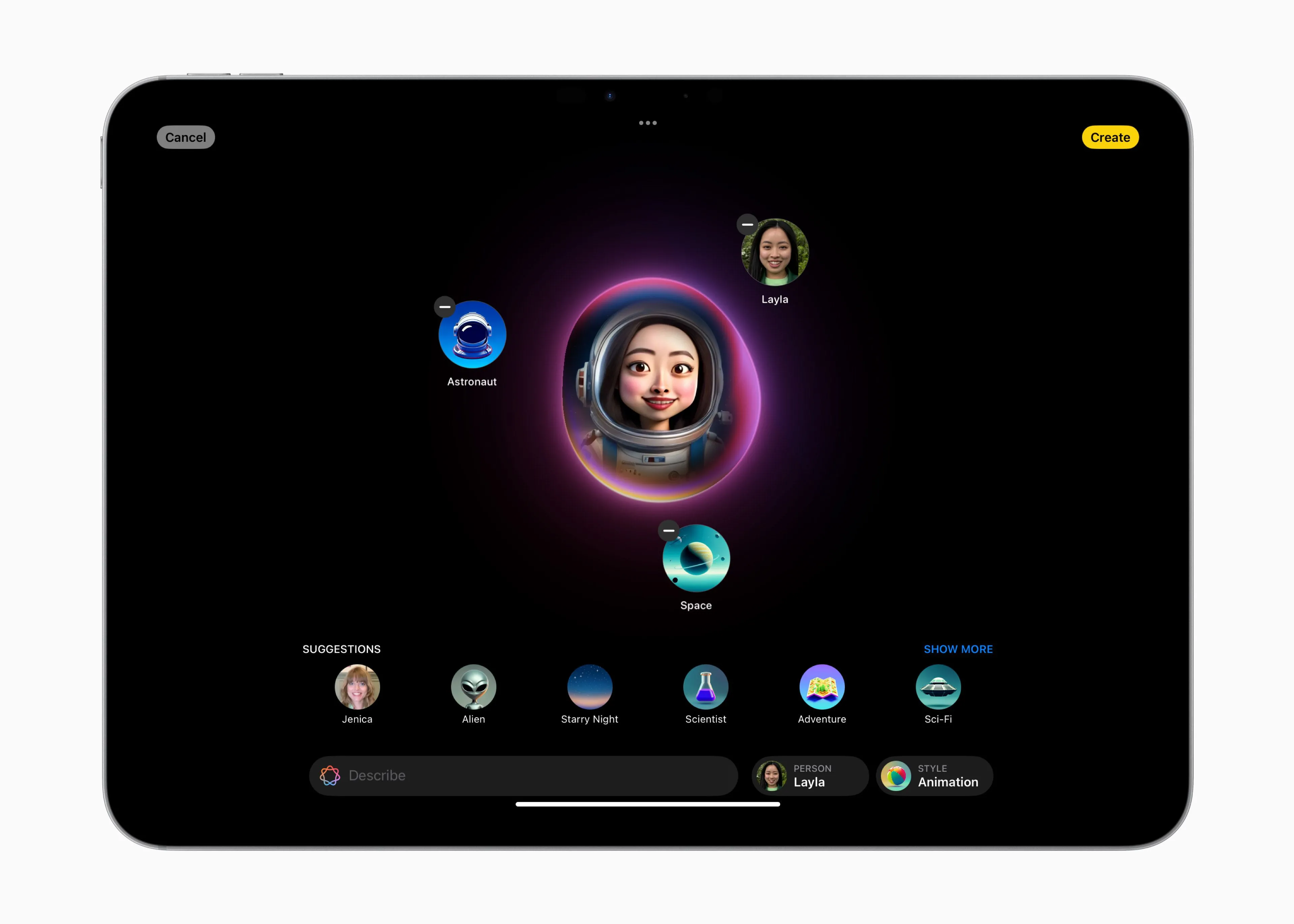 Giao diện ứng dụng Image Playground trên iPad, cho phép người dùng tạo ảnh và biểu tượng cảm xúc độc đáo bằng AI