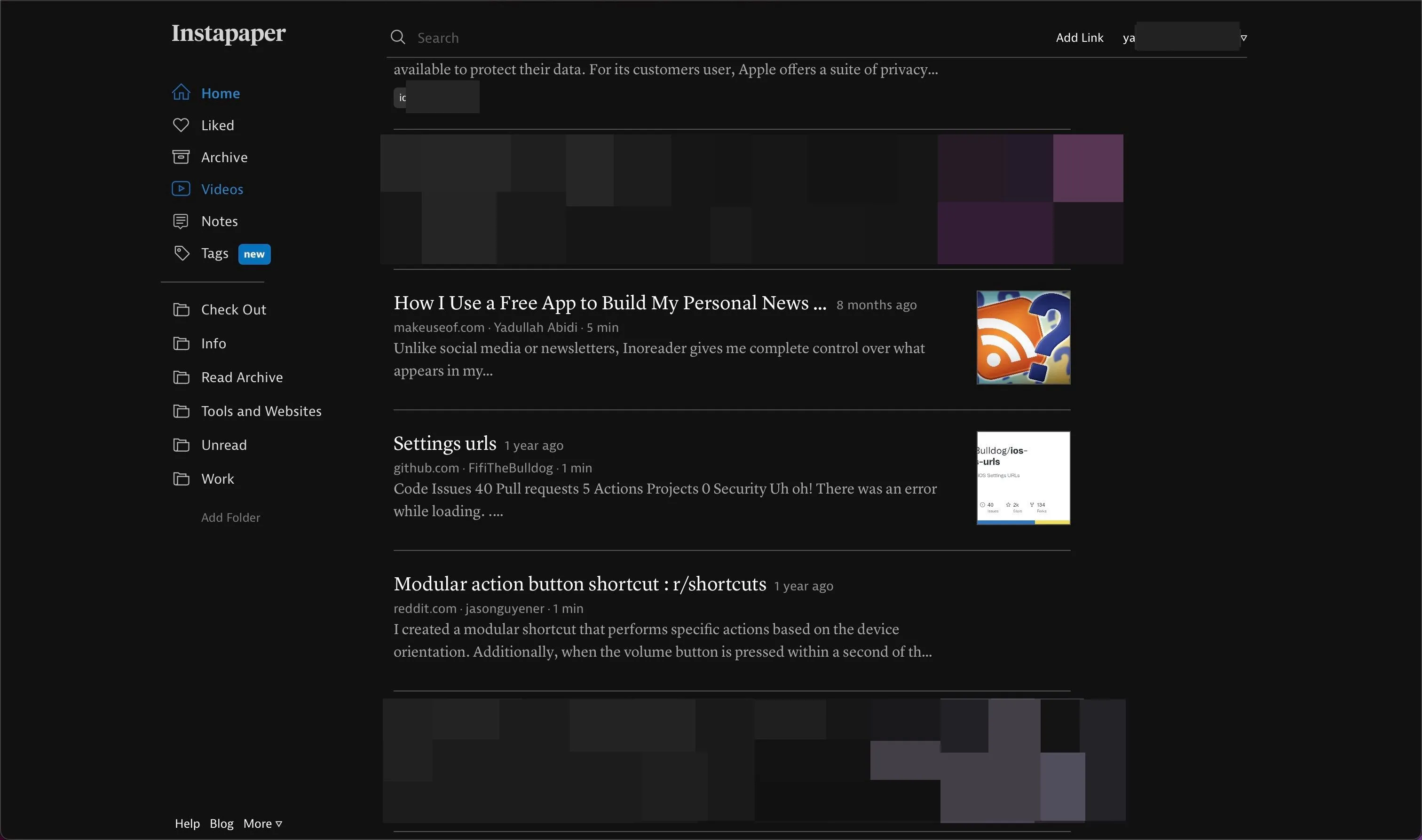 Giao diện ứng dụng Instapaper trên trình duyệt Safari trên máy Mac, hiển thị danh sách các bài viết đã lưu để đọc sau.