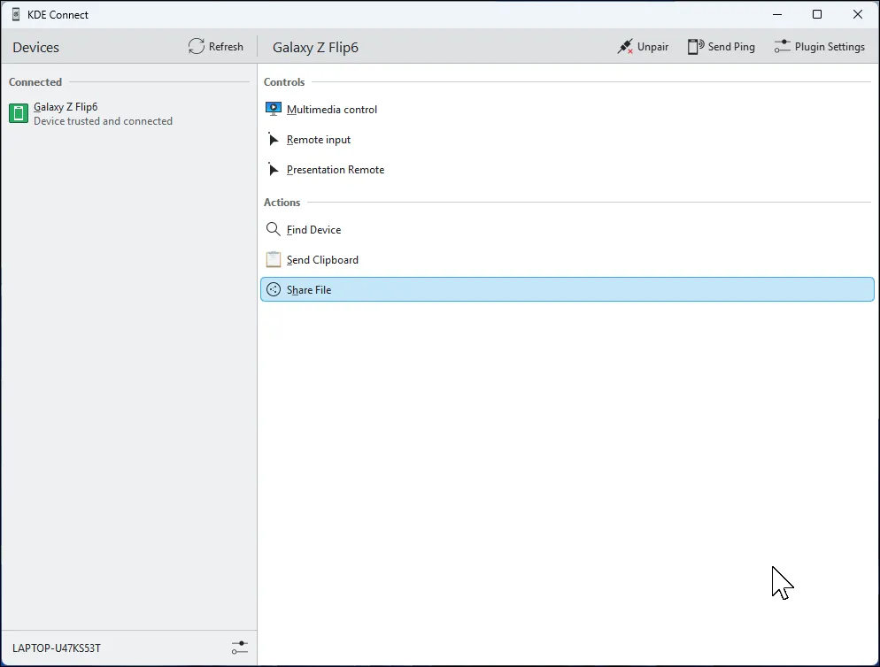 Giao diện ứng dụng KDE Connect hoạt động trên hệ điều hành Windows 11
