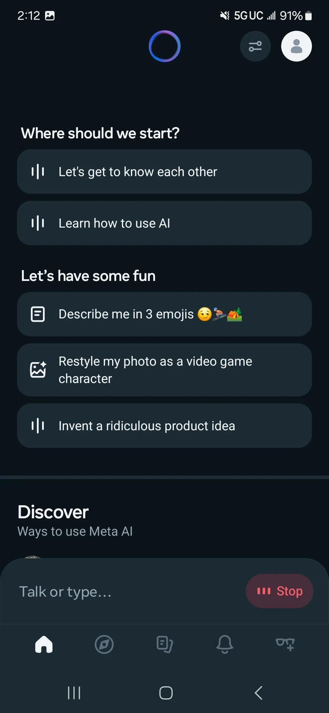 Giao diện ứng dụng Meta AI độc lập trên điện thoại di động với biểu tượng Meta