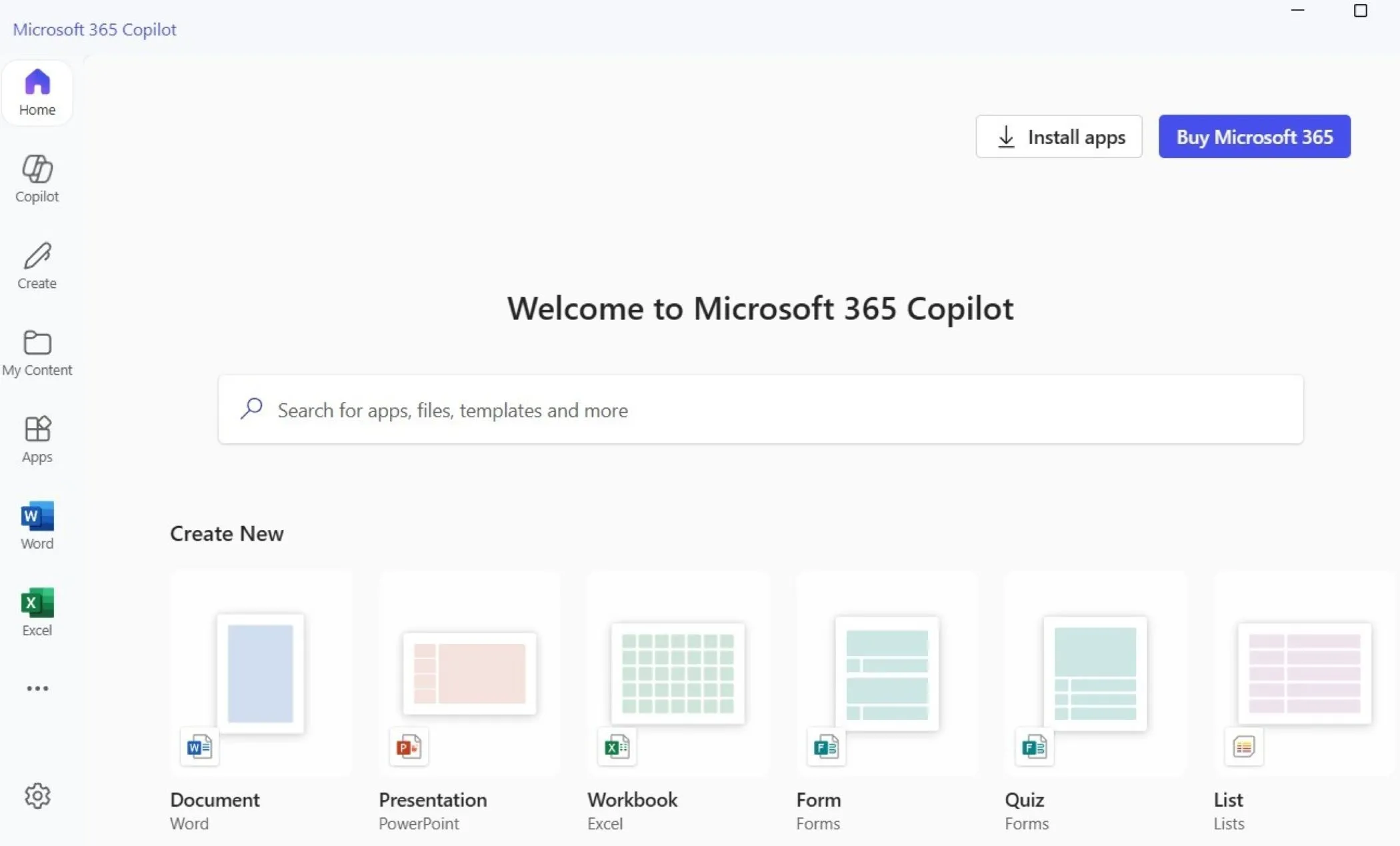 Giao diện ứng dụng Microsoft 365 Copilot, trung tâm Office tích hợp AI