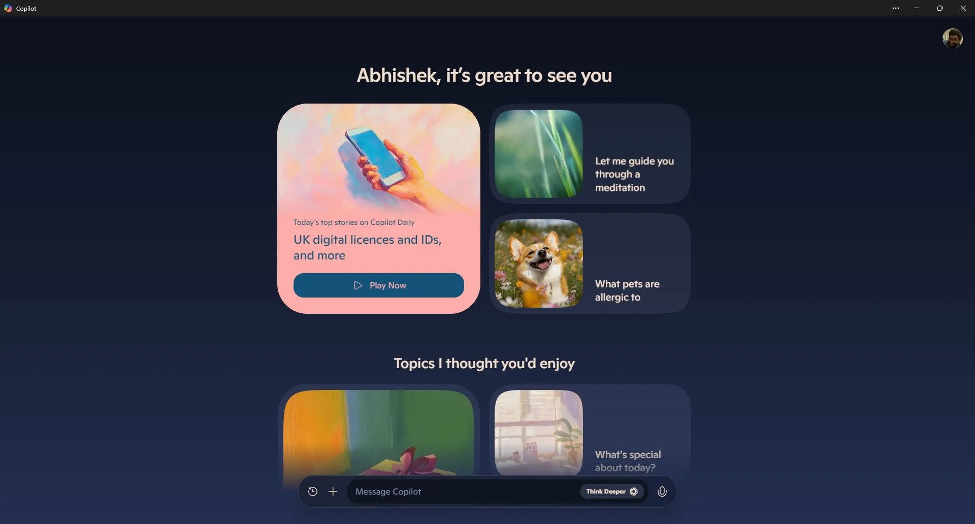 Giao diện ứng dụng Microsoft Copilot trên Windows 11 với cửa sổ chat tối giản
