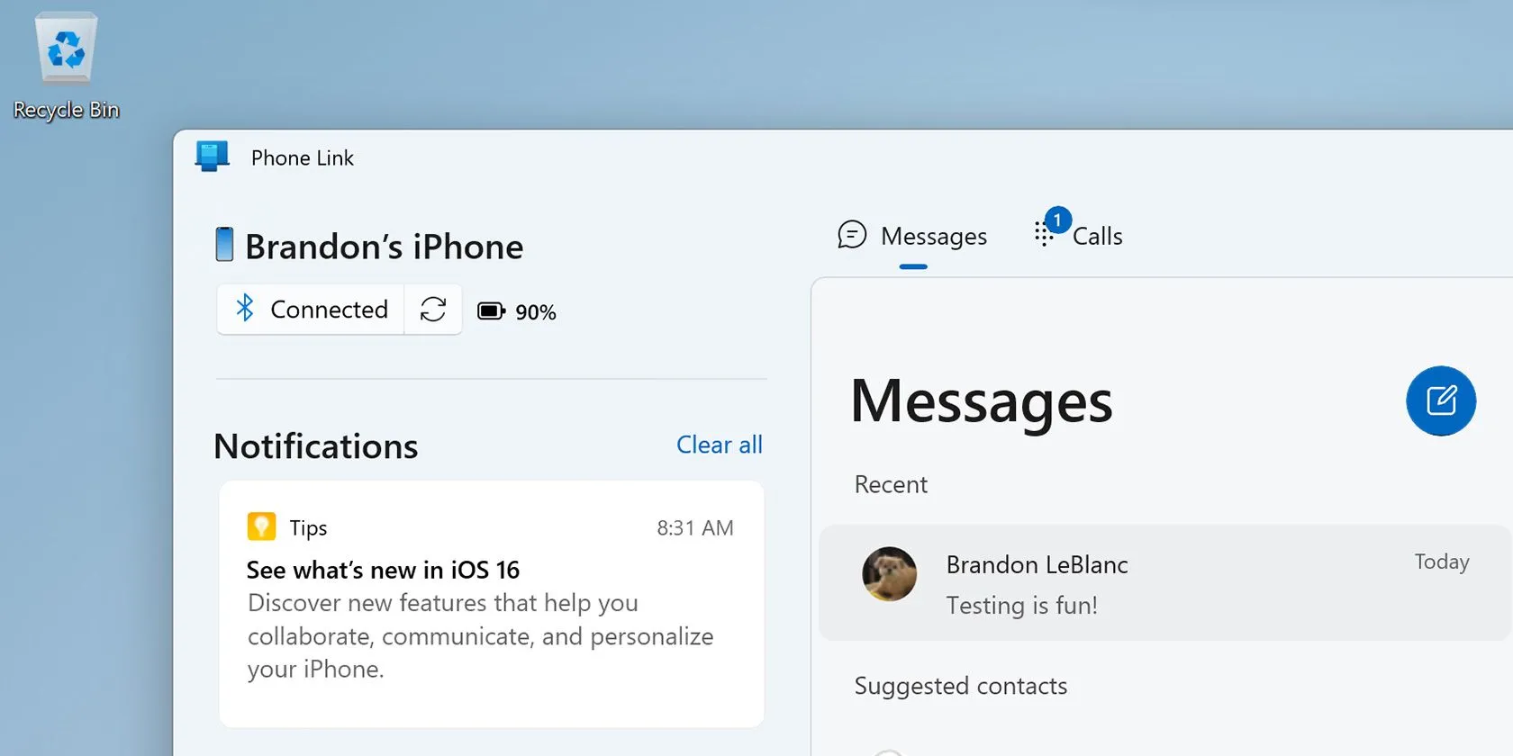 Giao diện ứng dụng Microsoft Phone Link trên Windows, minh họa khả năng kết nối và quản lý tin nhắn, cuộc gọi, và thông báo điện thoại trên máy tính.