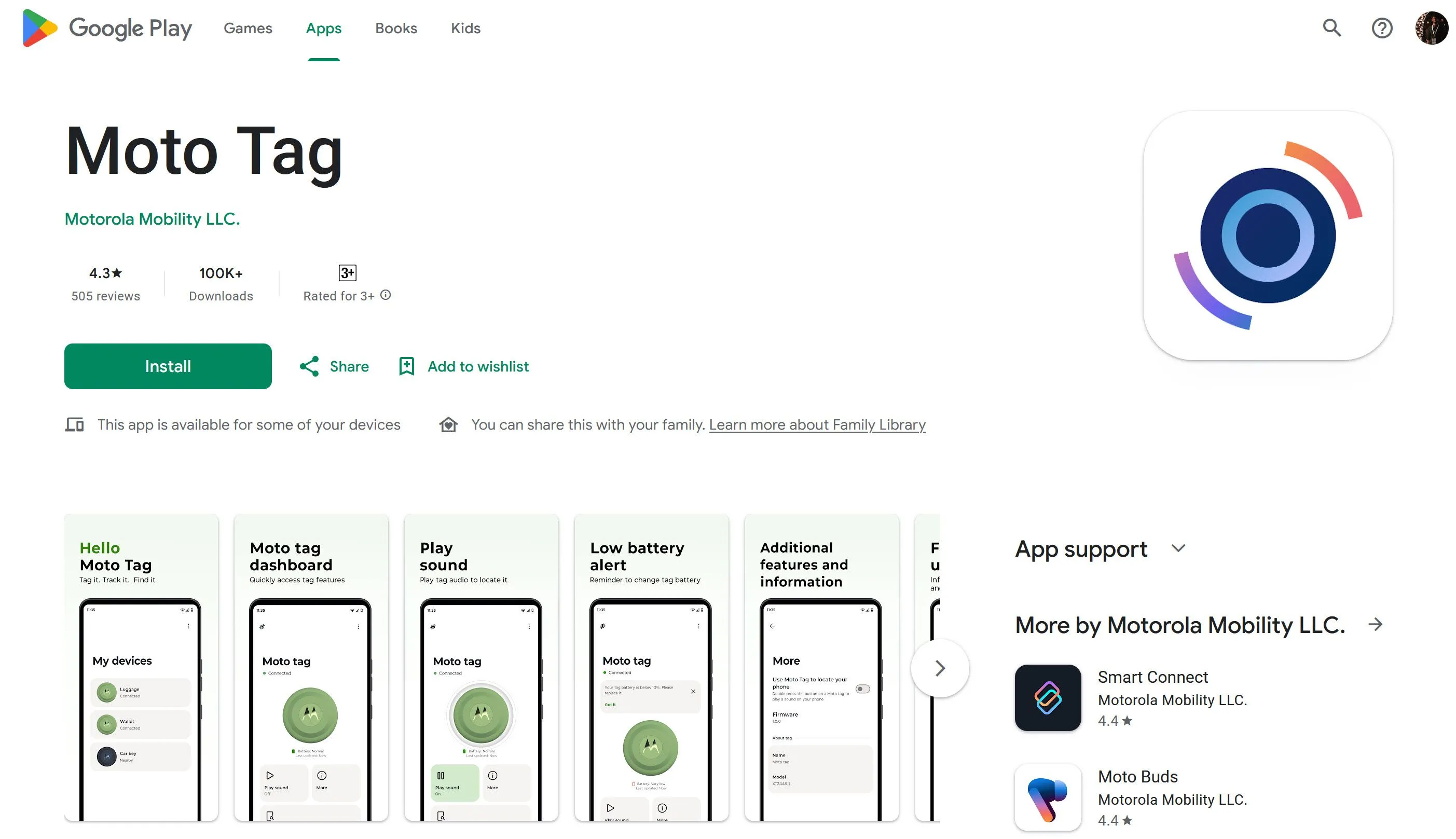 Giao diện ứng dụng Moto Tag trên Google Play Store hiển thị thông tin và tùy chọn cài đặt cho thiết bị định vị Motorola Moto Tag, hỗ trợ UWB.