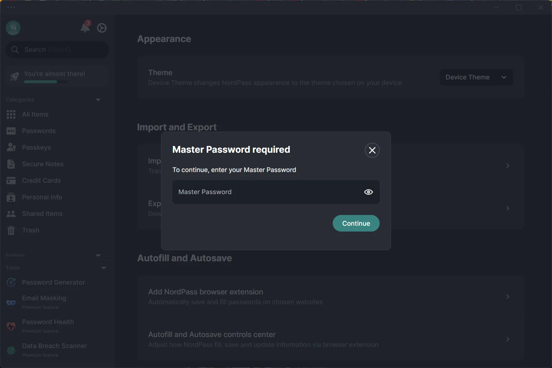 Giao diện ứng dụng NordPass yêu cầu mật khẩu chính (Master Password) để tiếp tục, nhấn mạnh tầm quan trọng của mật khẩu chủ.