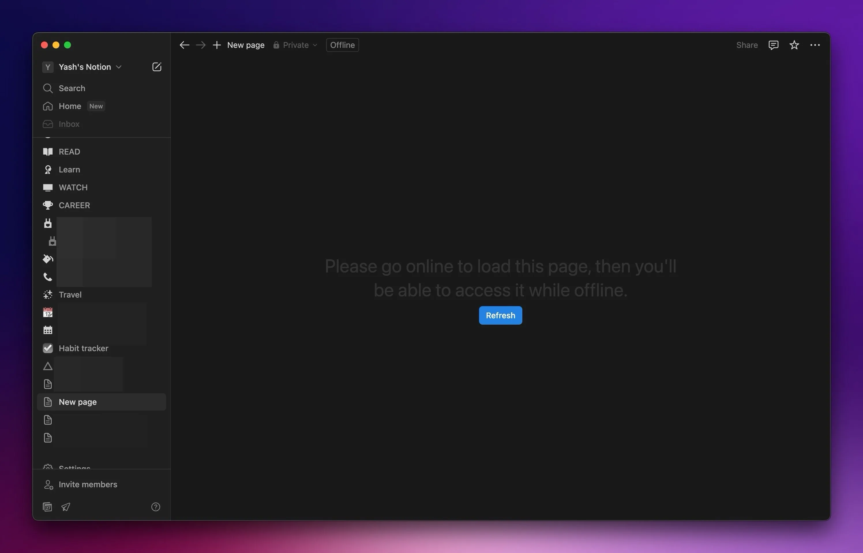Giao diện ứng dụng Notion trên máy Mac hiển thị thông báo không có kết nối internet, minh họa hạn chế truy cập ngoại tuyến.