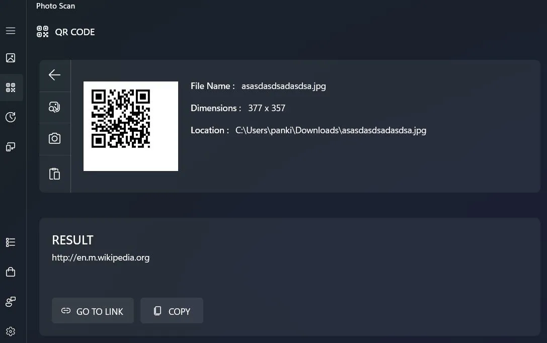 Giao diện ứng dụng Photo Scan trên Windows khi quét mã QR từ ảnh