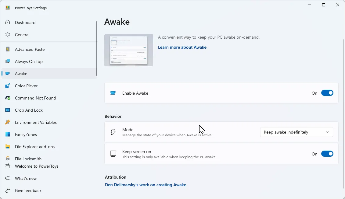 Giao diện ứng dụng PowerToys trên Windows 11 với tab Awake đang mở, hiển thị tùy chọn duy trì trạng thái hoạt động của máy tính