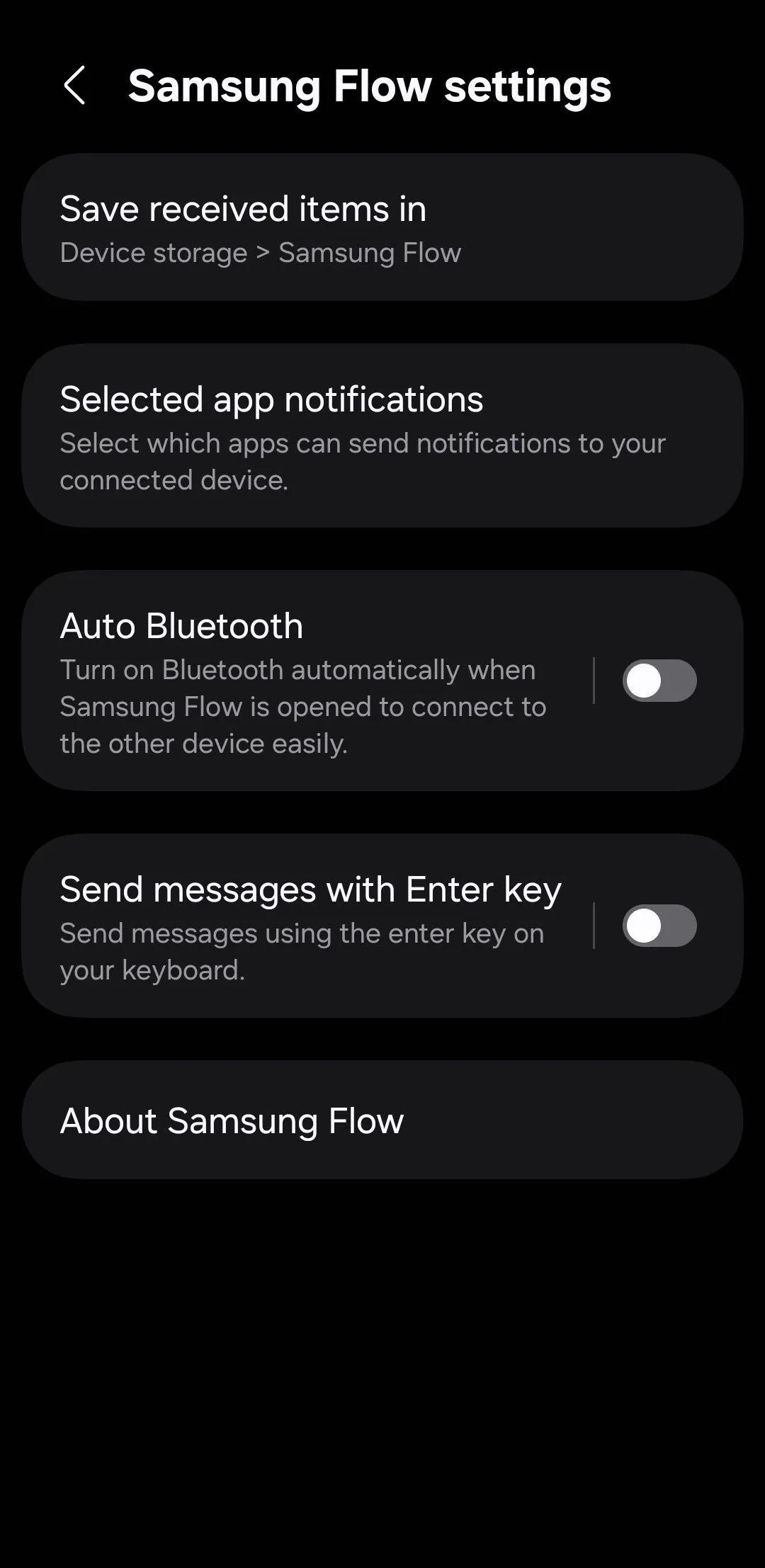 Giao diện ứng dụng Samsung Flow trên điện thoại Galaxy hiển thị menu cài đặt thông báo.