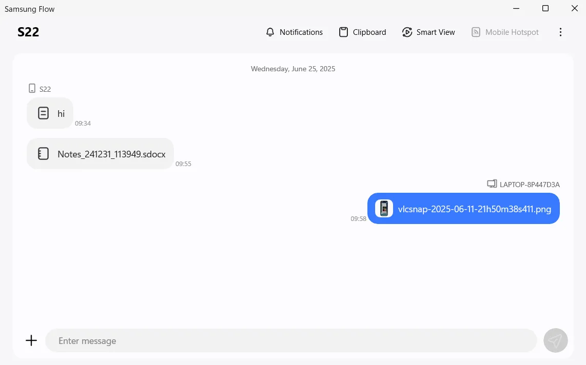Giao diện ứng dụng Samsung Flow trên máy tính Windows, hiển thị lịch sử trao đổi và tính năng.