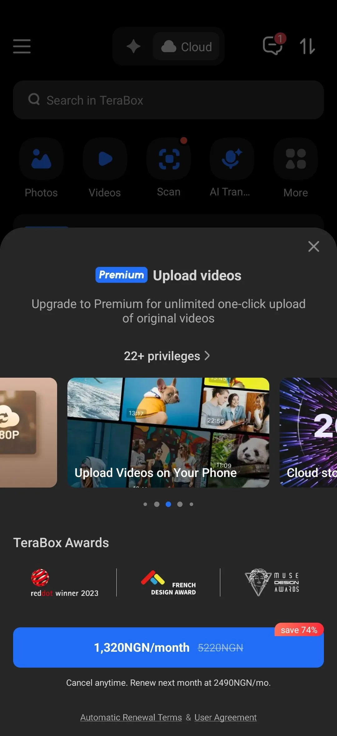 Giao diện ứng dụng TeraBox trên điện thoại hiển thị hạn chế tải lên video
