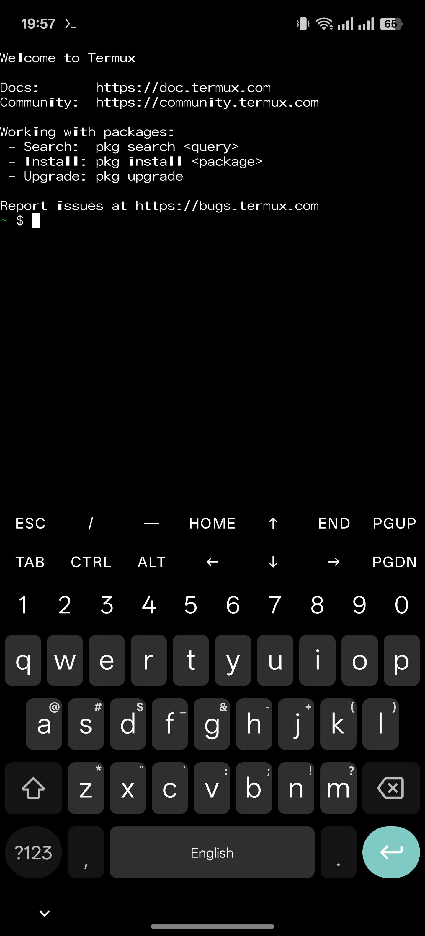 Giao diện ứng dụng Termux trên điện thoại Android, một trình giả lập Terminal.